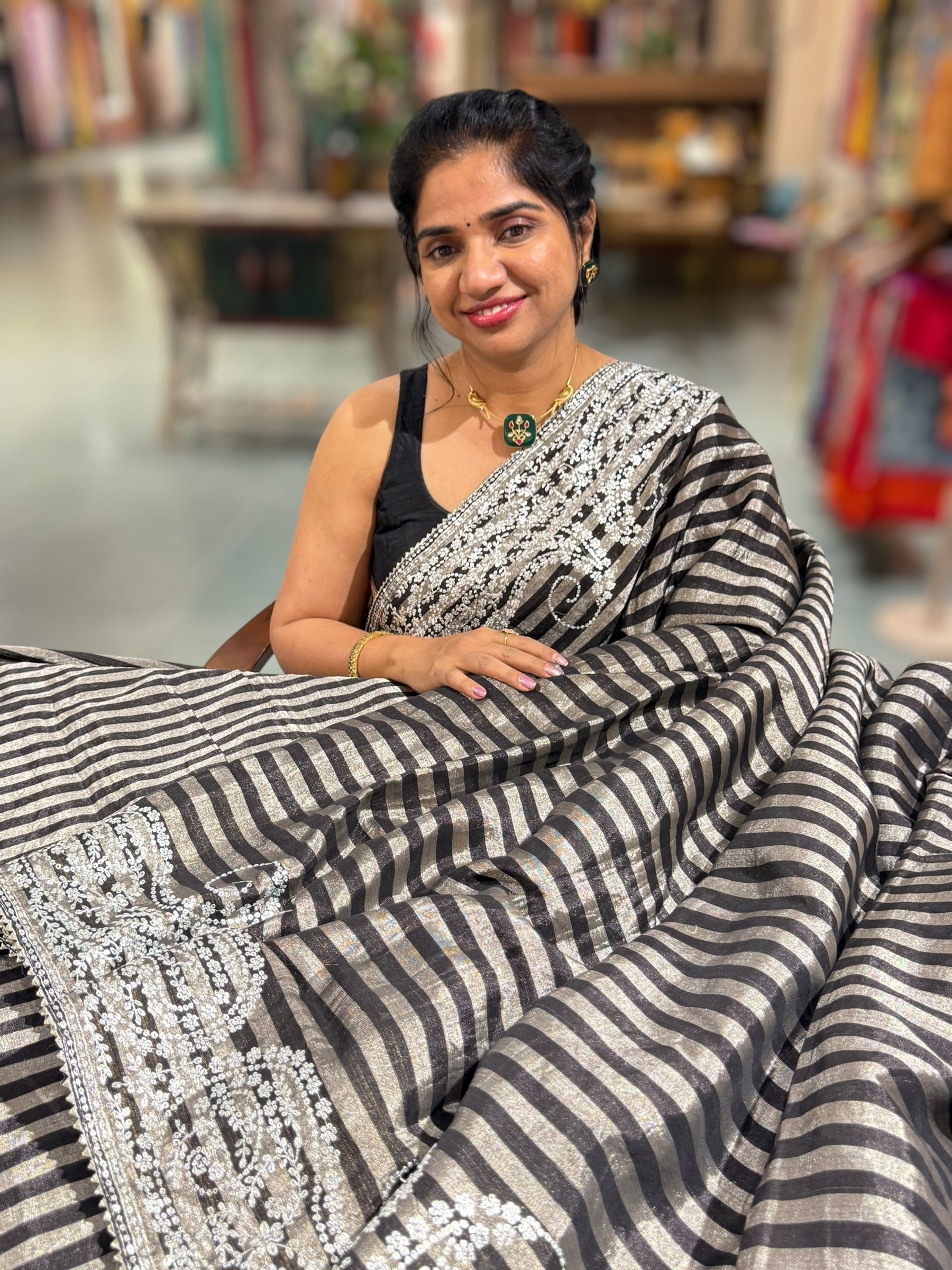 Black & Silver Combo Chanderi tissue Saree with heavy Pita embroidered Border