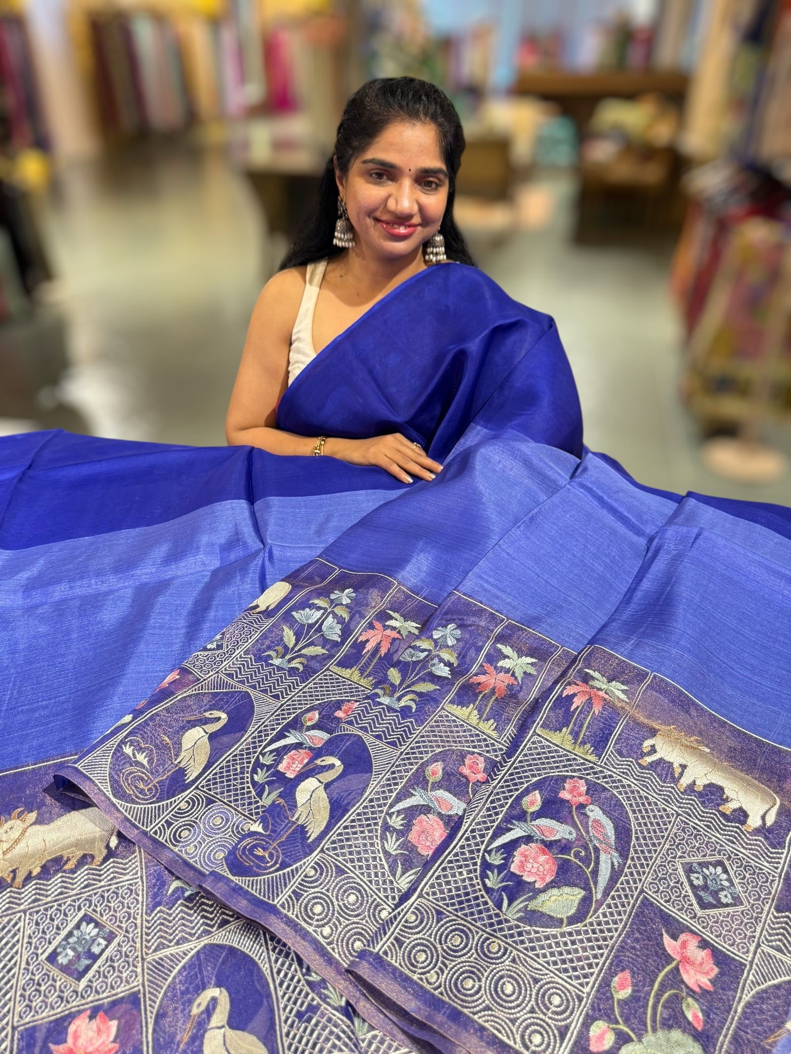 Royal Blue Kora-Tussar blend Handloom Saree with Tissue embroidered Skirt Border