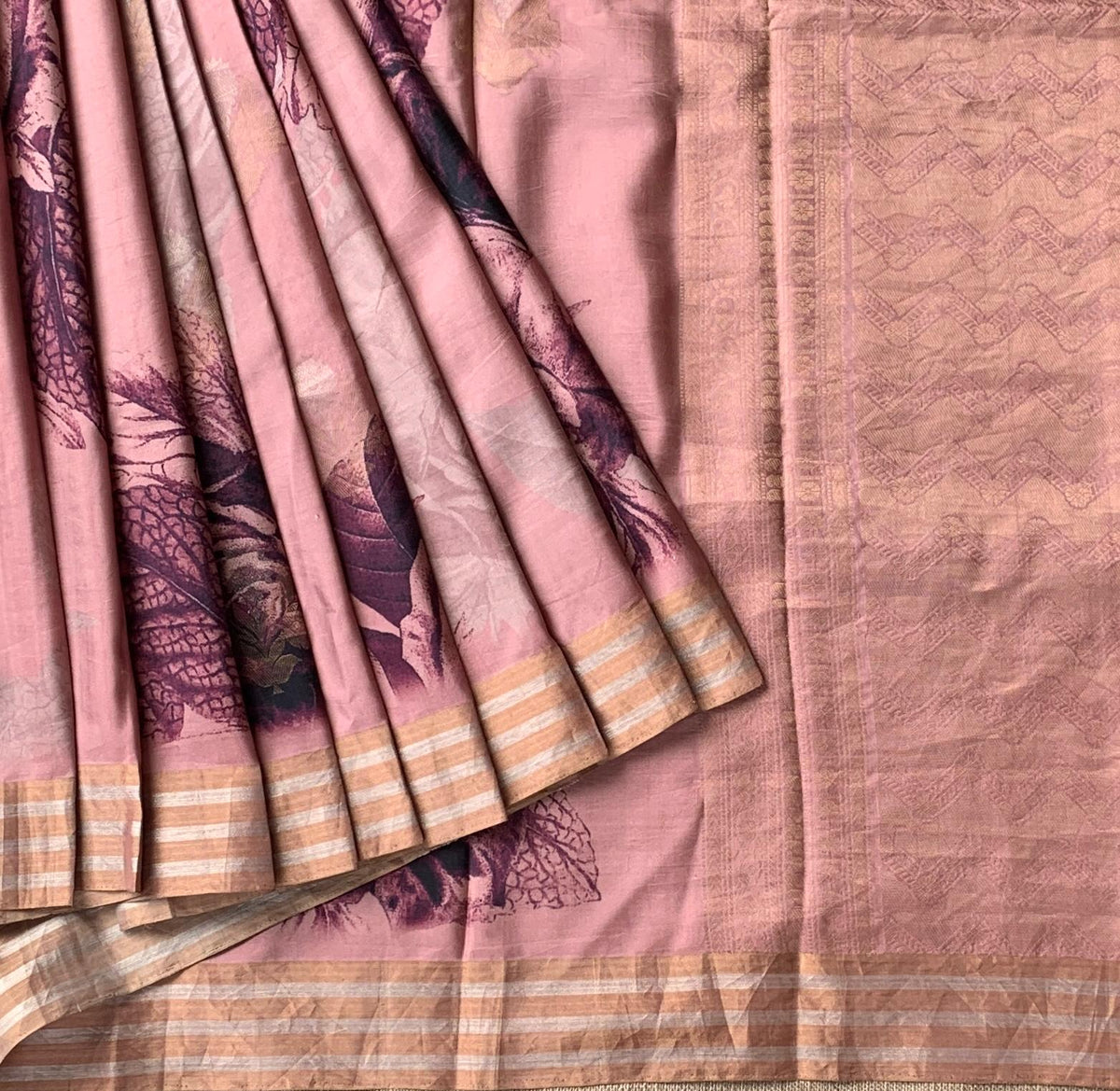 Onion Pink Printed Kanchi Soft Silk Saree with Bold Rose Flower Print.