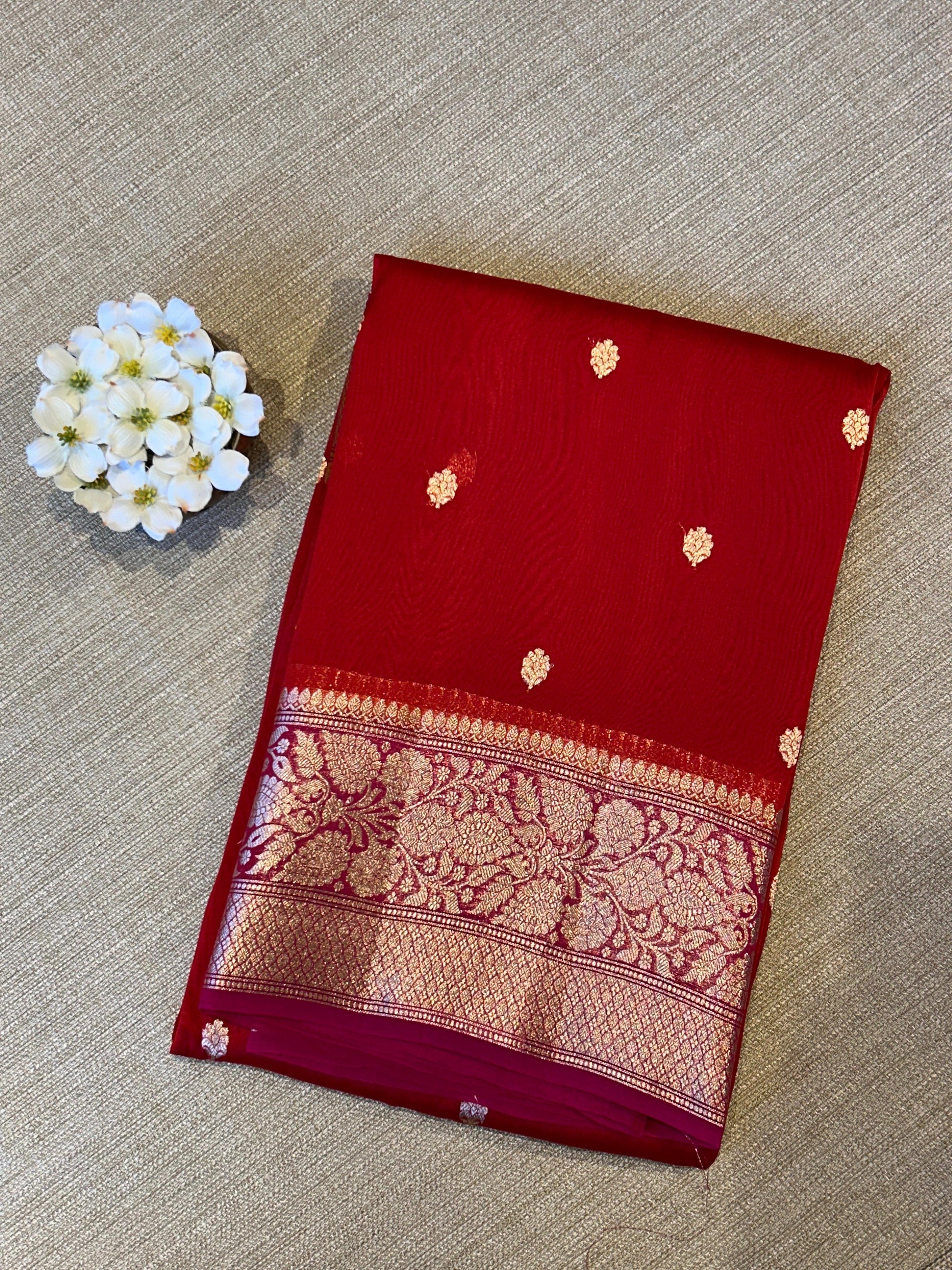 Red with pink Combo Pure Handloom premium Kora Banarasi Saree