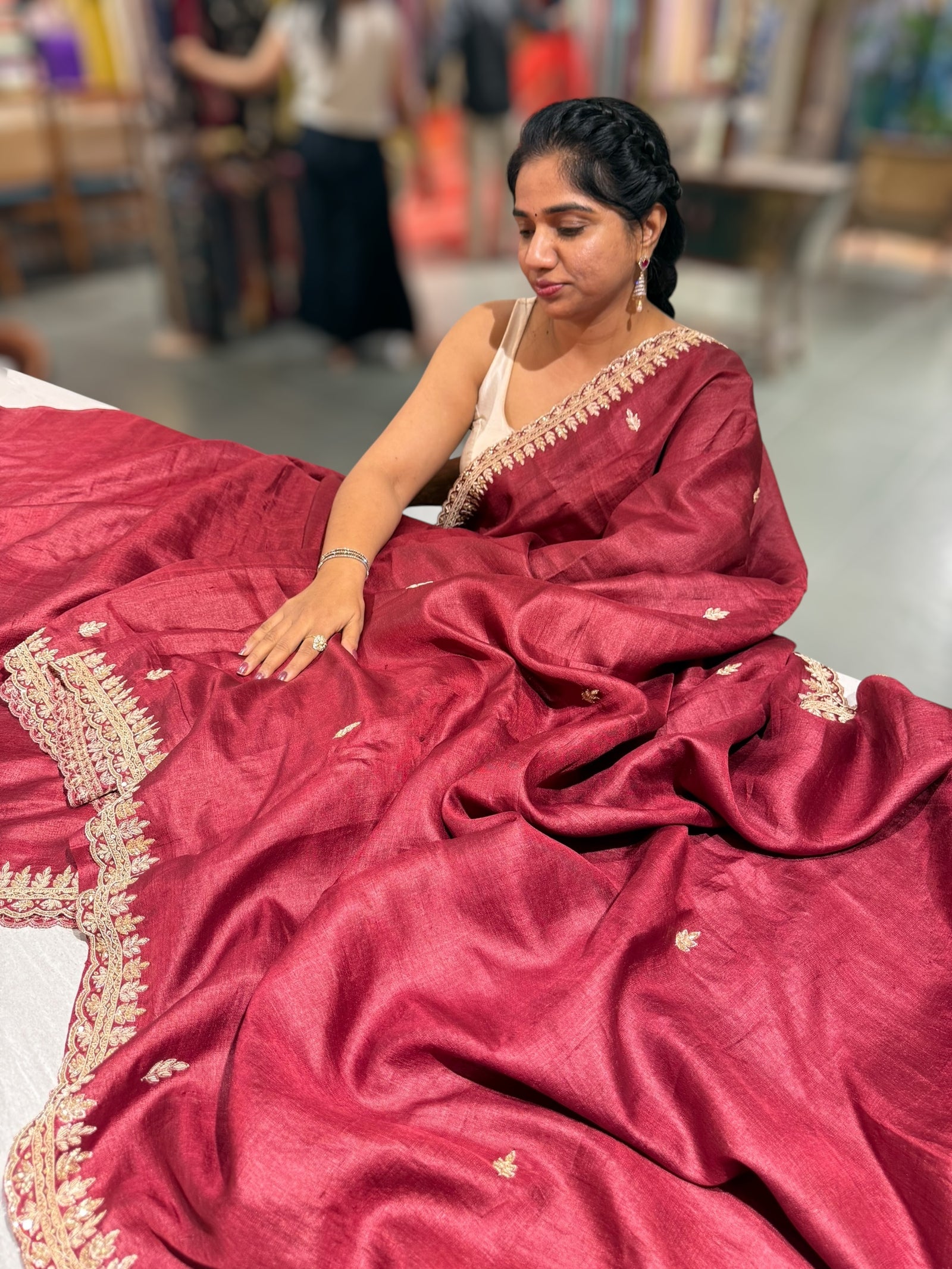 Maroon Pure Tussar Handwork Saree