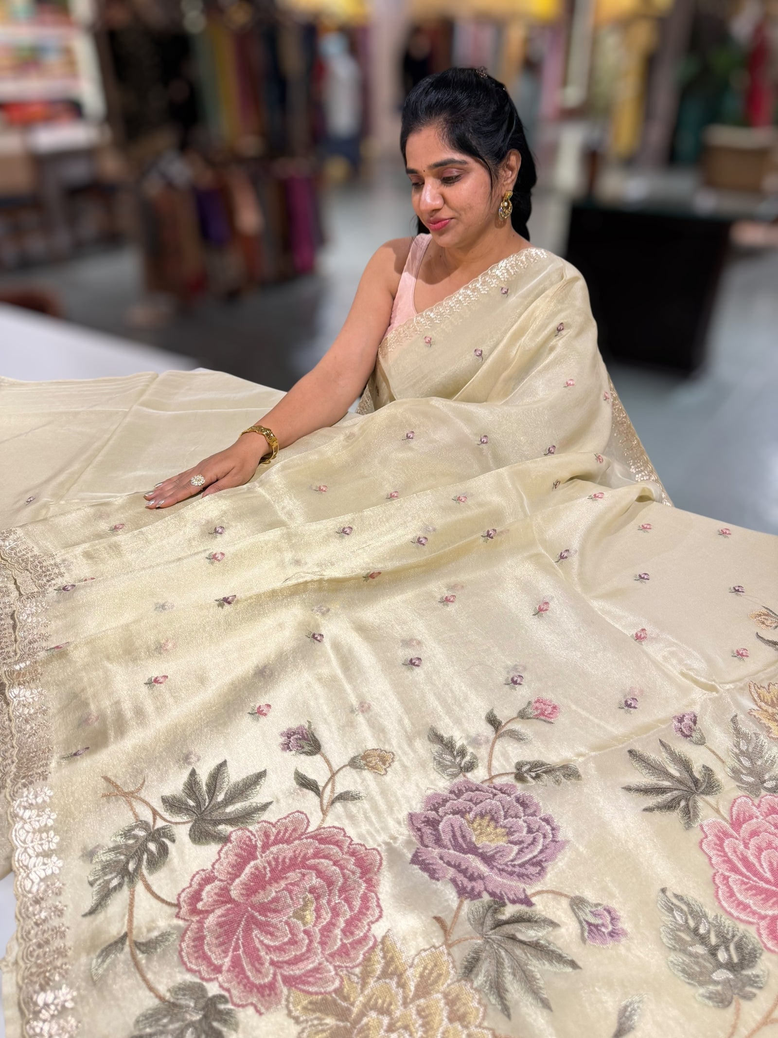 Ivory Tissue Georgette Saree with petite point emb