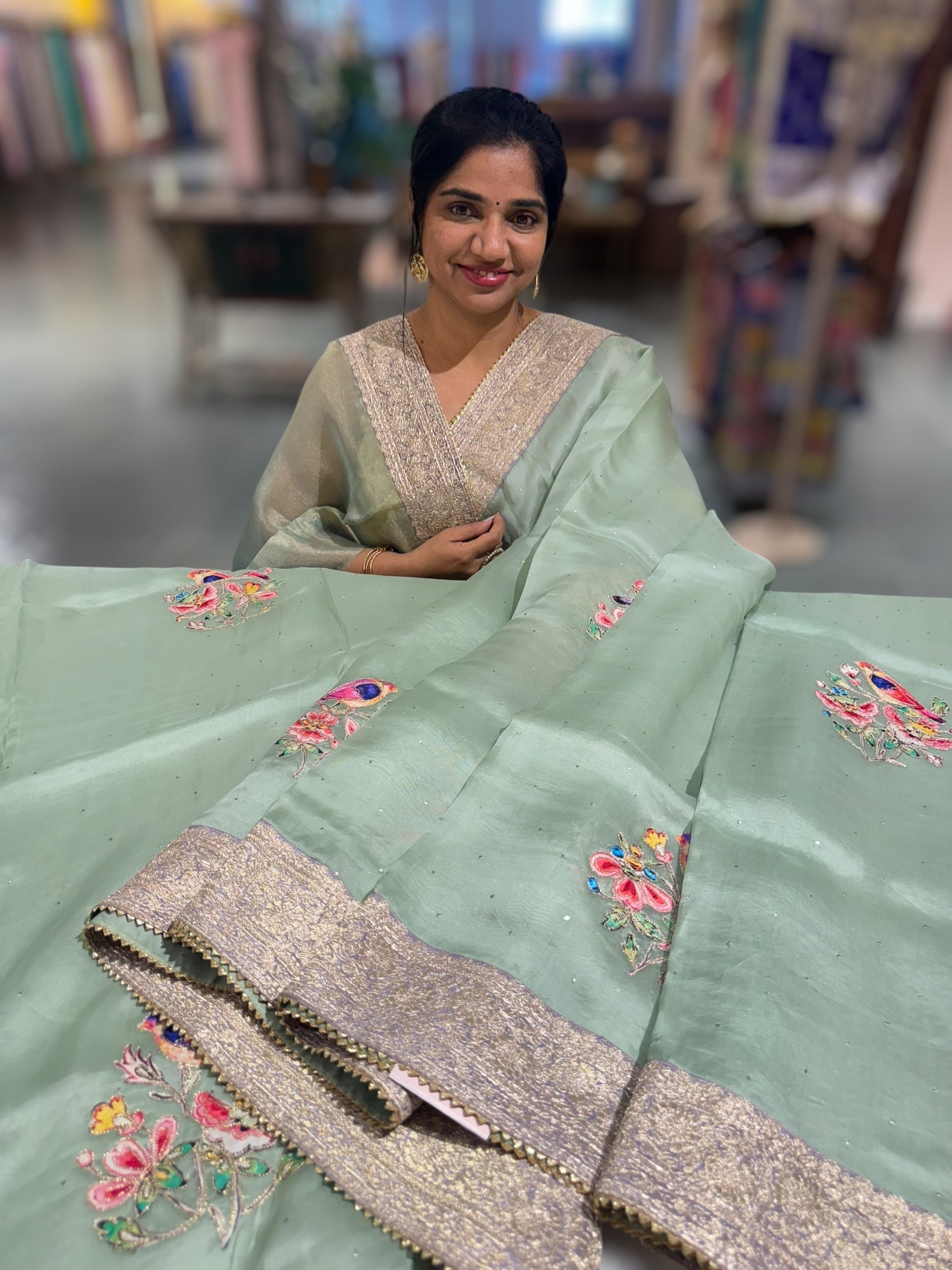 Mint Pure Organza Saree with banarasi pitawork border and bird applique motifs allover the saree