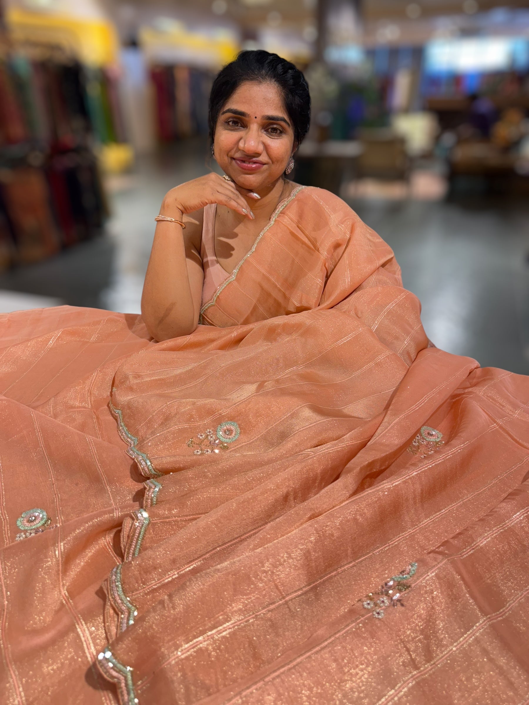 Tissue Gorgette Saree With Handwork Border and Blouse.