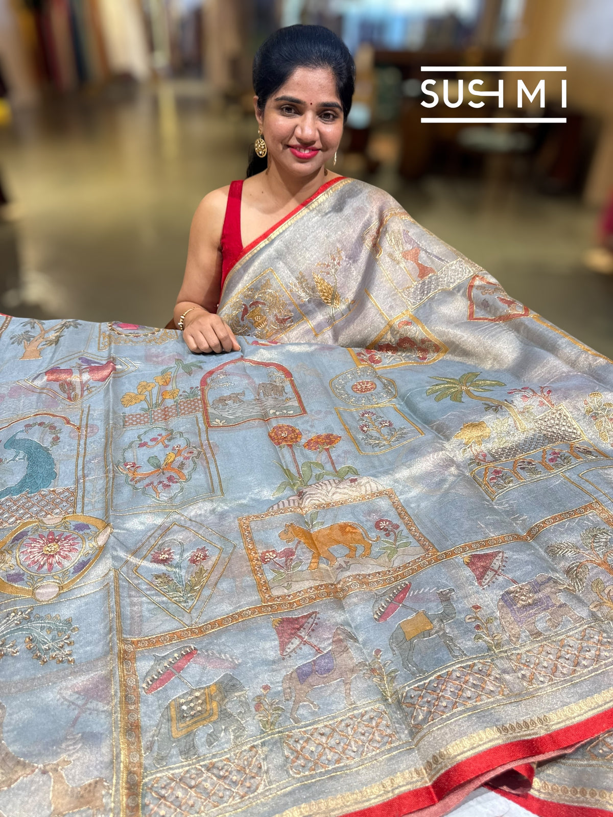 Dusty Blue Banarasi printed Tissue saree with handwork D62F059