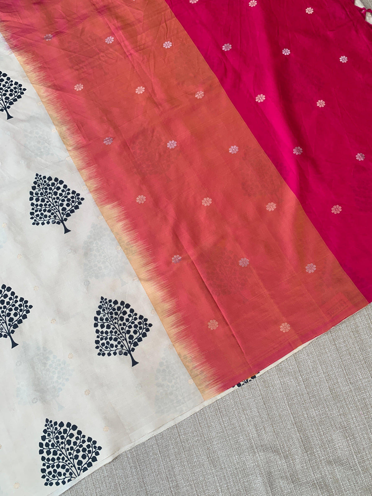 Beige Border less Designer printed kanchi silk saree with double color pallu