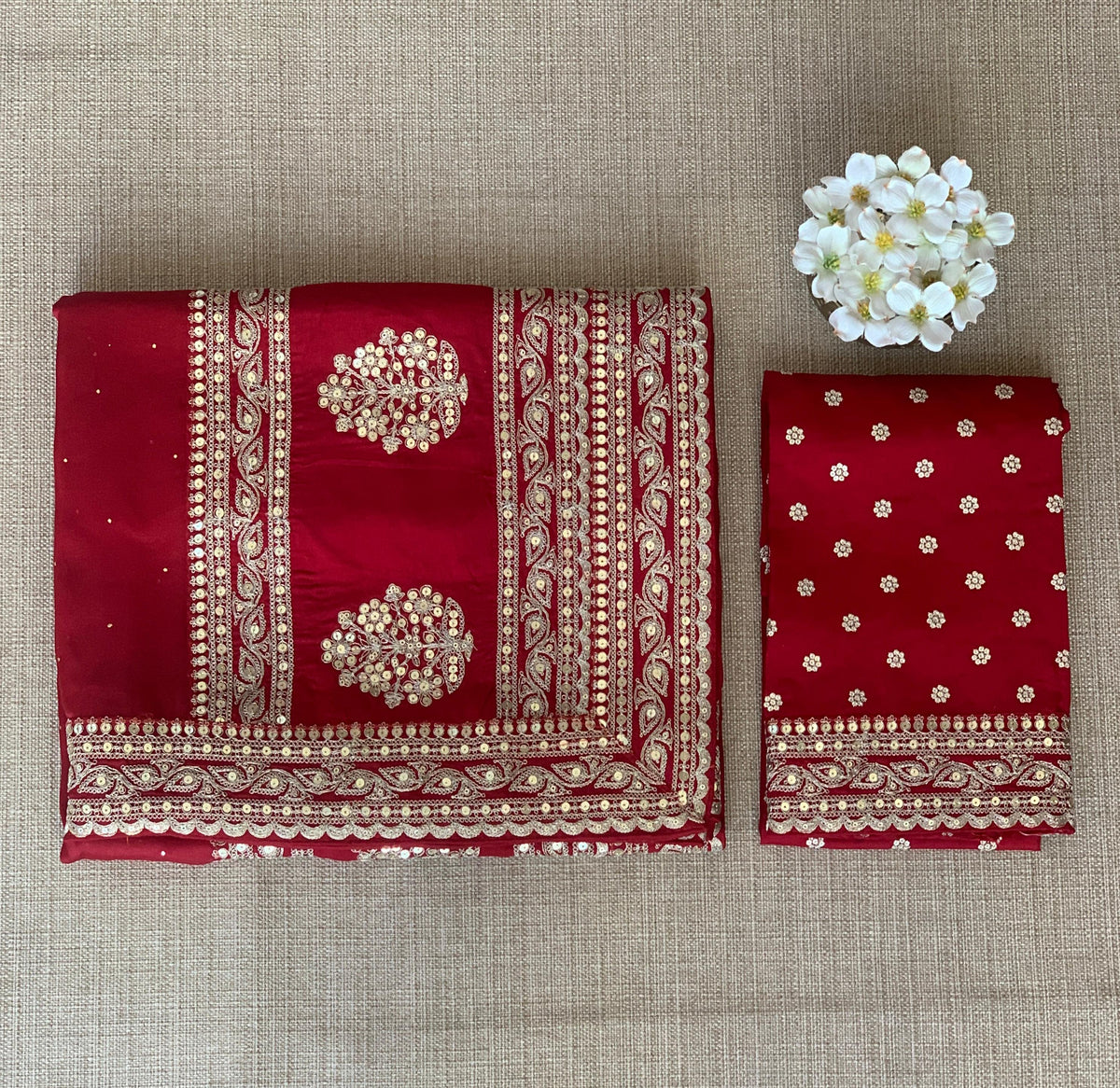 Maroon Red Pure Organza Saree with allover mukaish work & sabyasachi borders