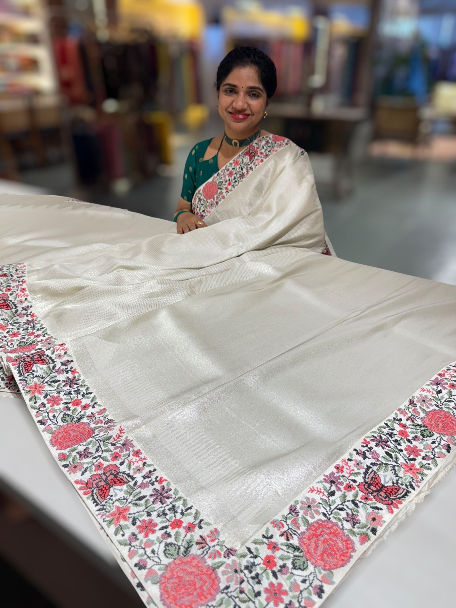 Half White Banarasi  brocade Silk Saree with Petite Point Embroidered Border.