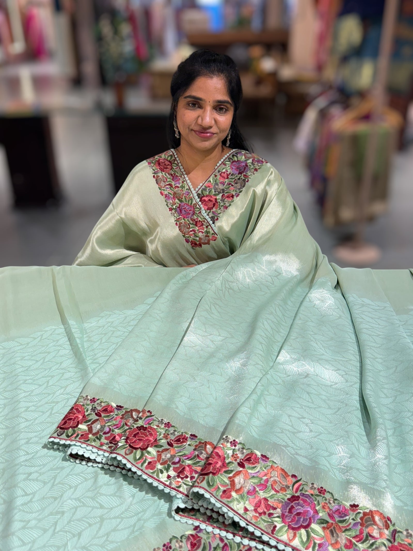 Mint Blue Banarasi Brocade tissue saree with tonchui style weaving and parsi gara embroidered border