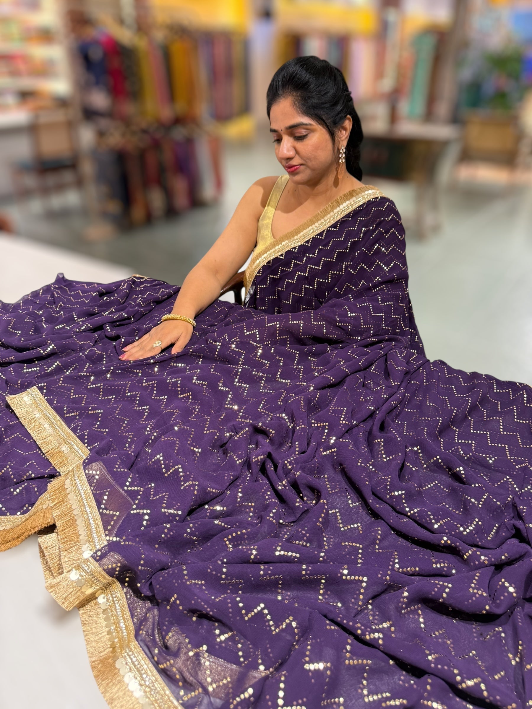 Dark Violet Georgette Saree with stick on Badla in zigzag pattern
