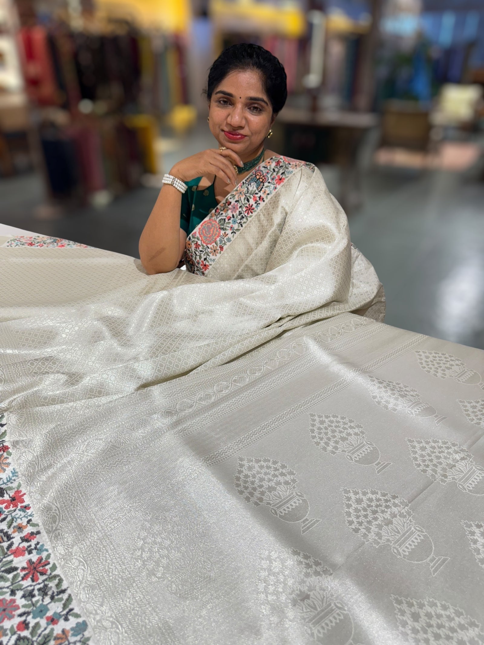 Half White Banarasi  brocade Silk Saree with Petite Point Embroidered Border.