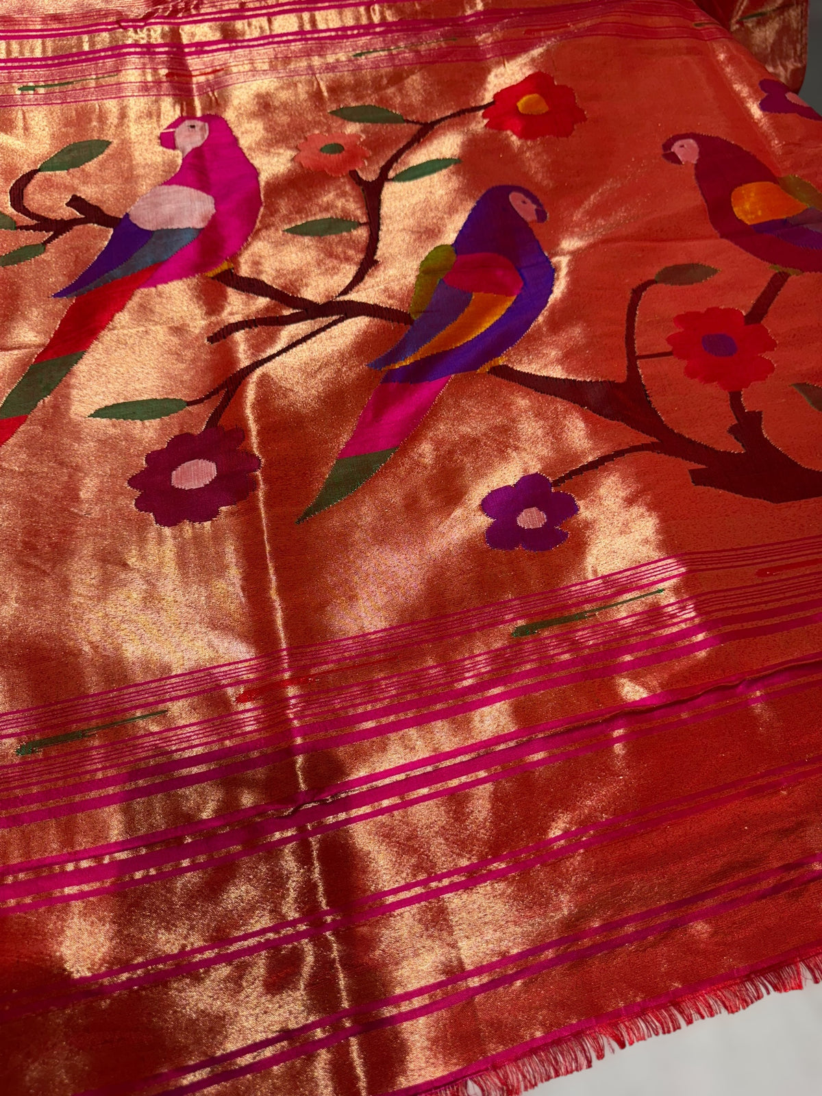 Rani Pink Pure handloom paithani tissue stripes saree