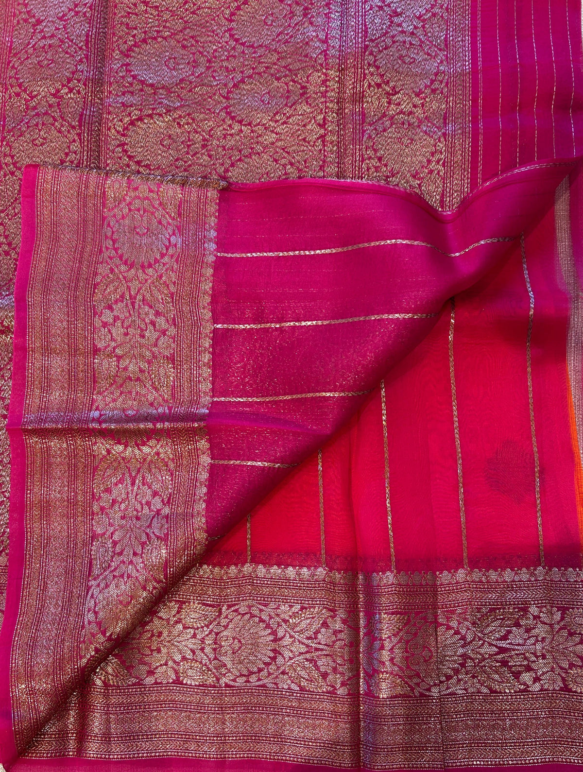 Orange and pink Combo Pure Handloom premium Kora Banarasi Saree