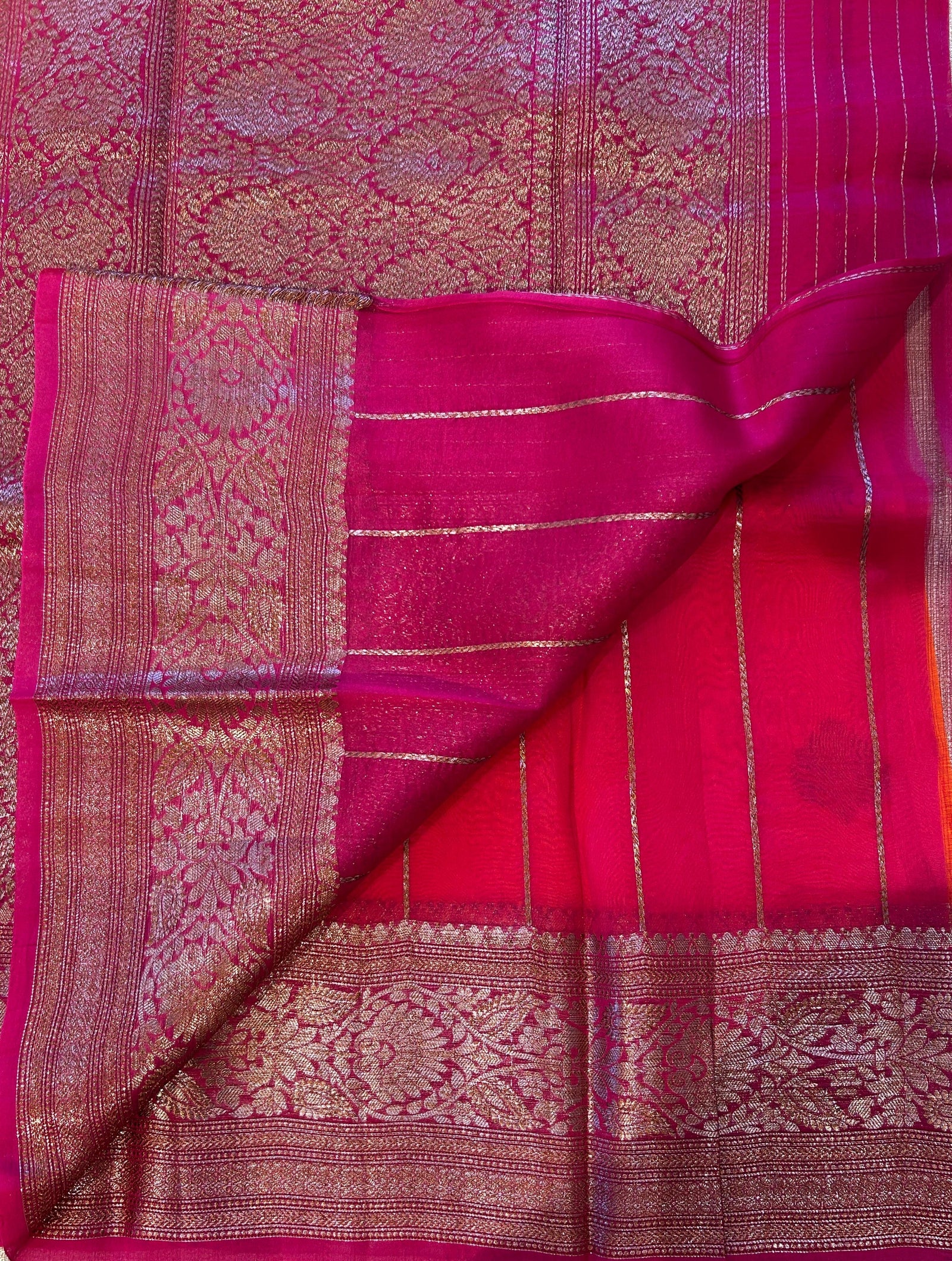 Orange and pink Combo Pure Handloom premium Kora Banarasi Saree
