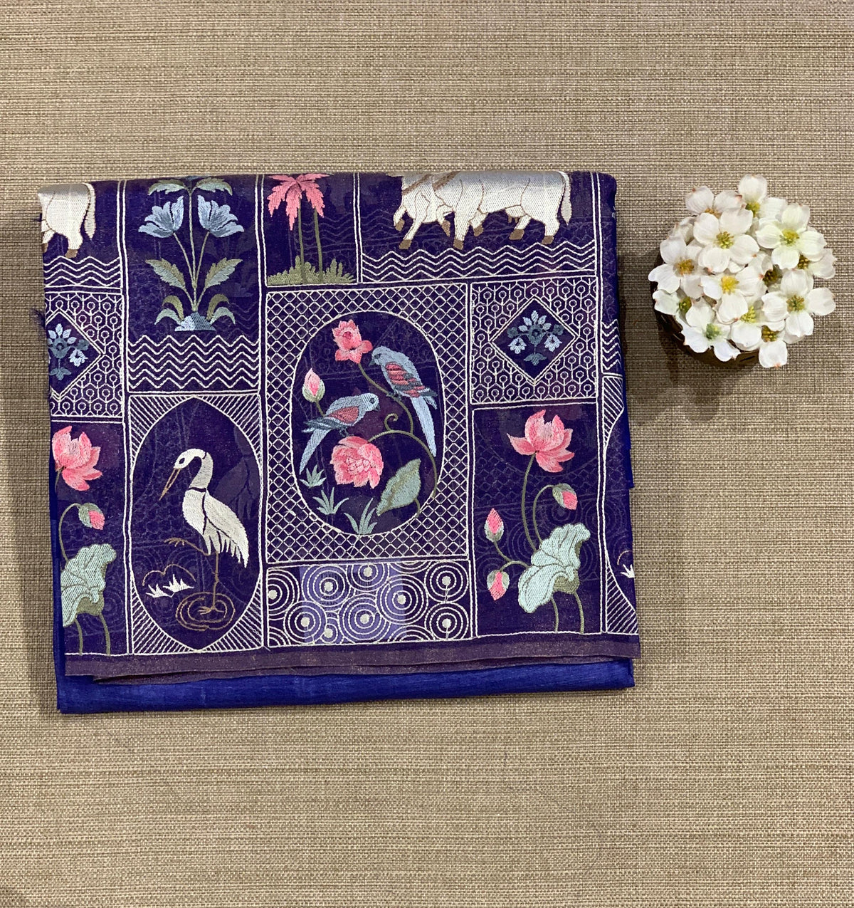 Royal Blue Kora-Tussar blend Handloom Saree with Tissue embroidered Skirt Border