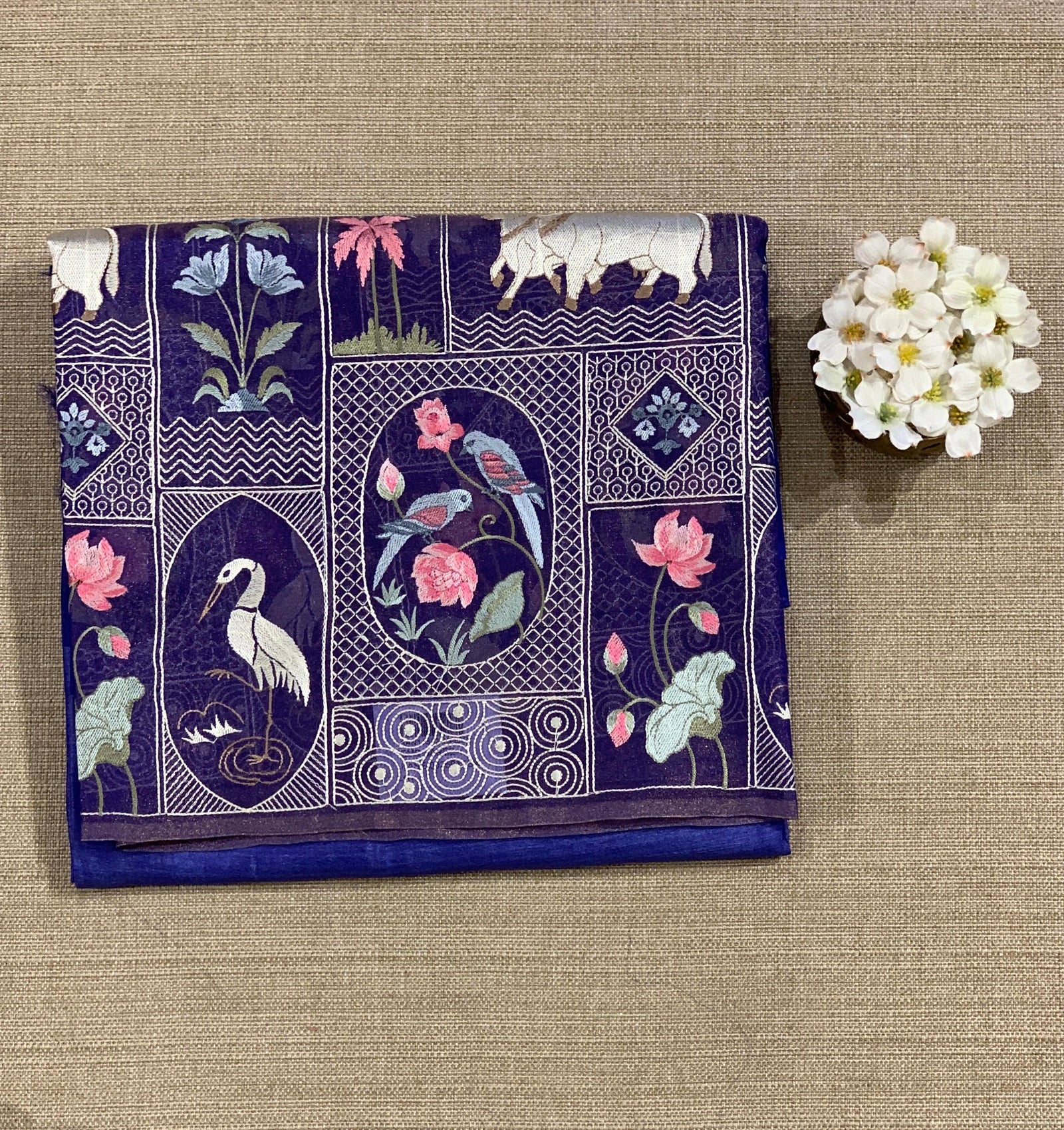 Royal Blue Kora-Tussar blend Handloom Saree with Tissue embroidered Skirt Border