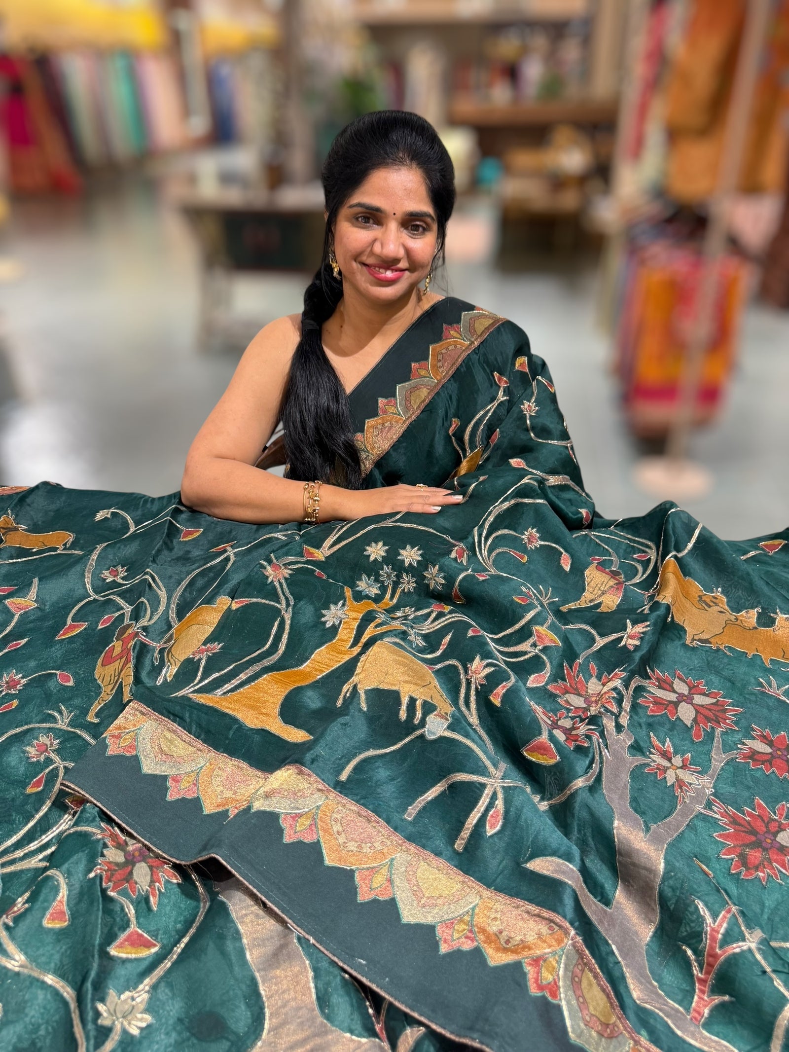 Bottle Green Designer Organza Saree with Stunning Tissue Applique work Saree with village theme