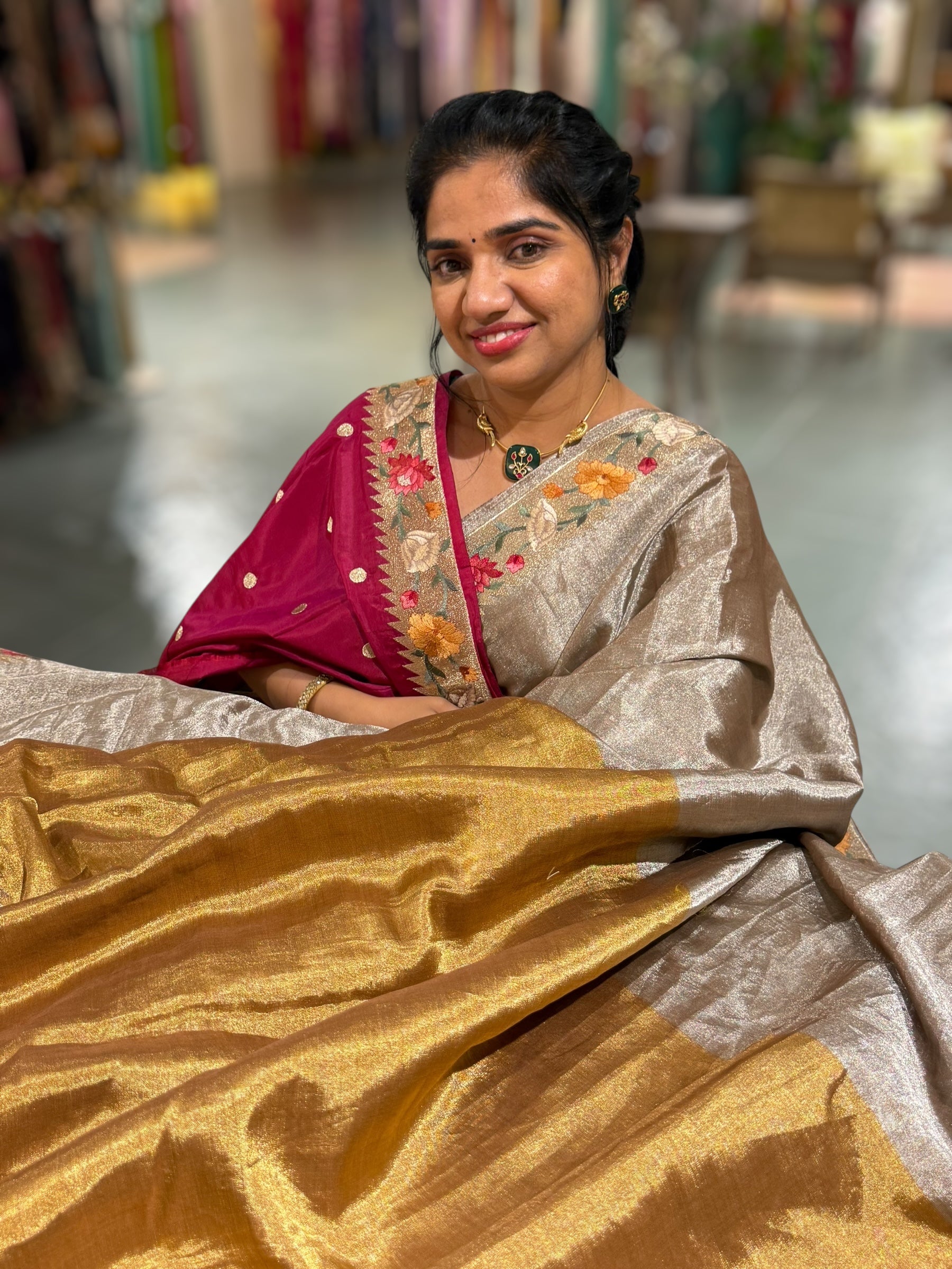 Handloom Tissue Saree with Paithani inspired embroidered border.