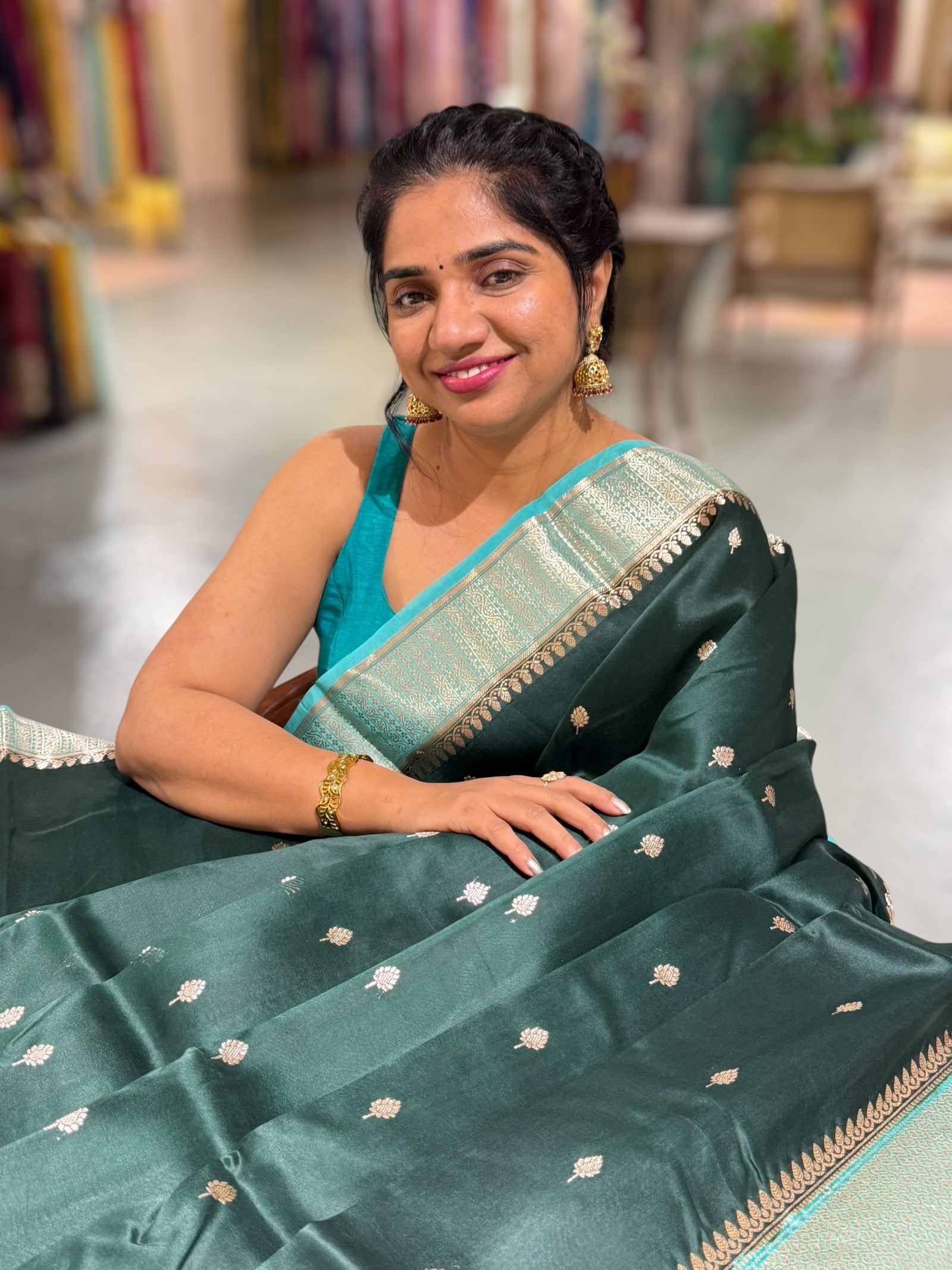 Forest Green & Teal Pure Handloom Kora Banarasi Saree