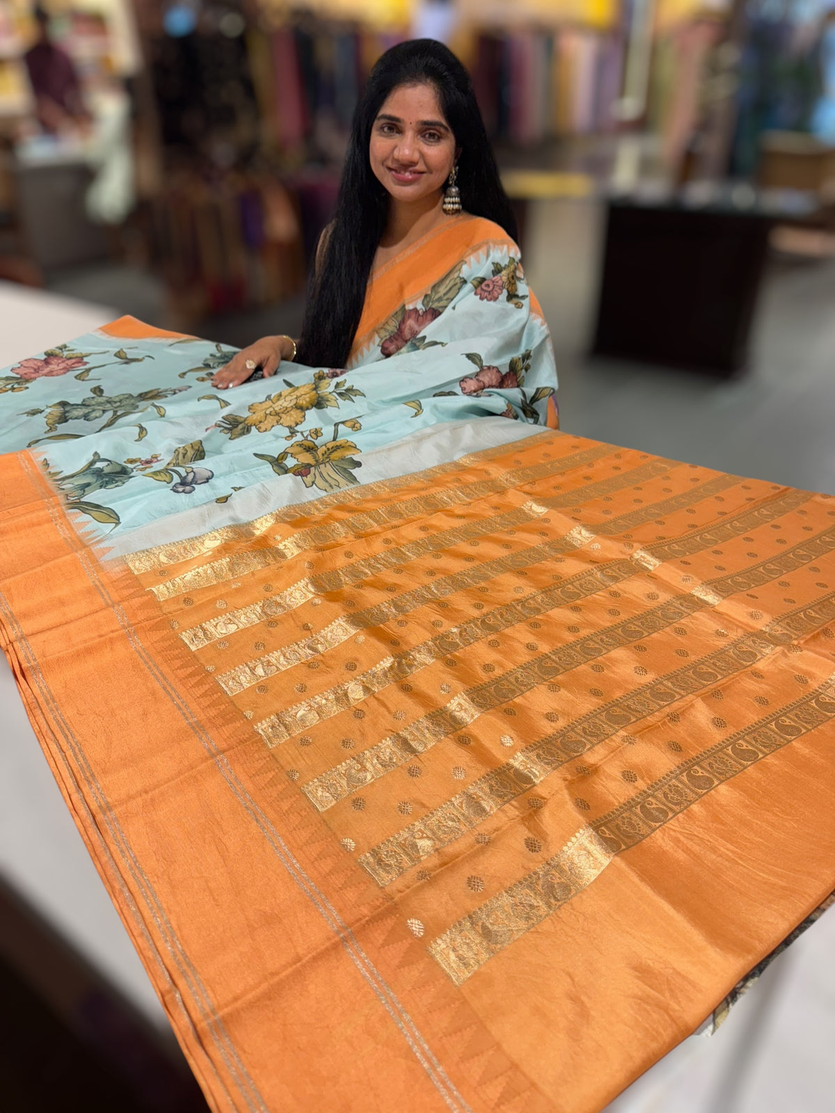 Powder Blue Kanjeevaram Designer print saree