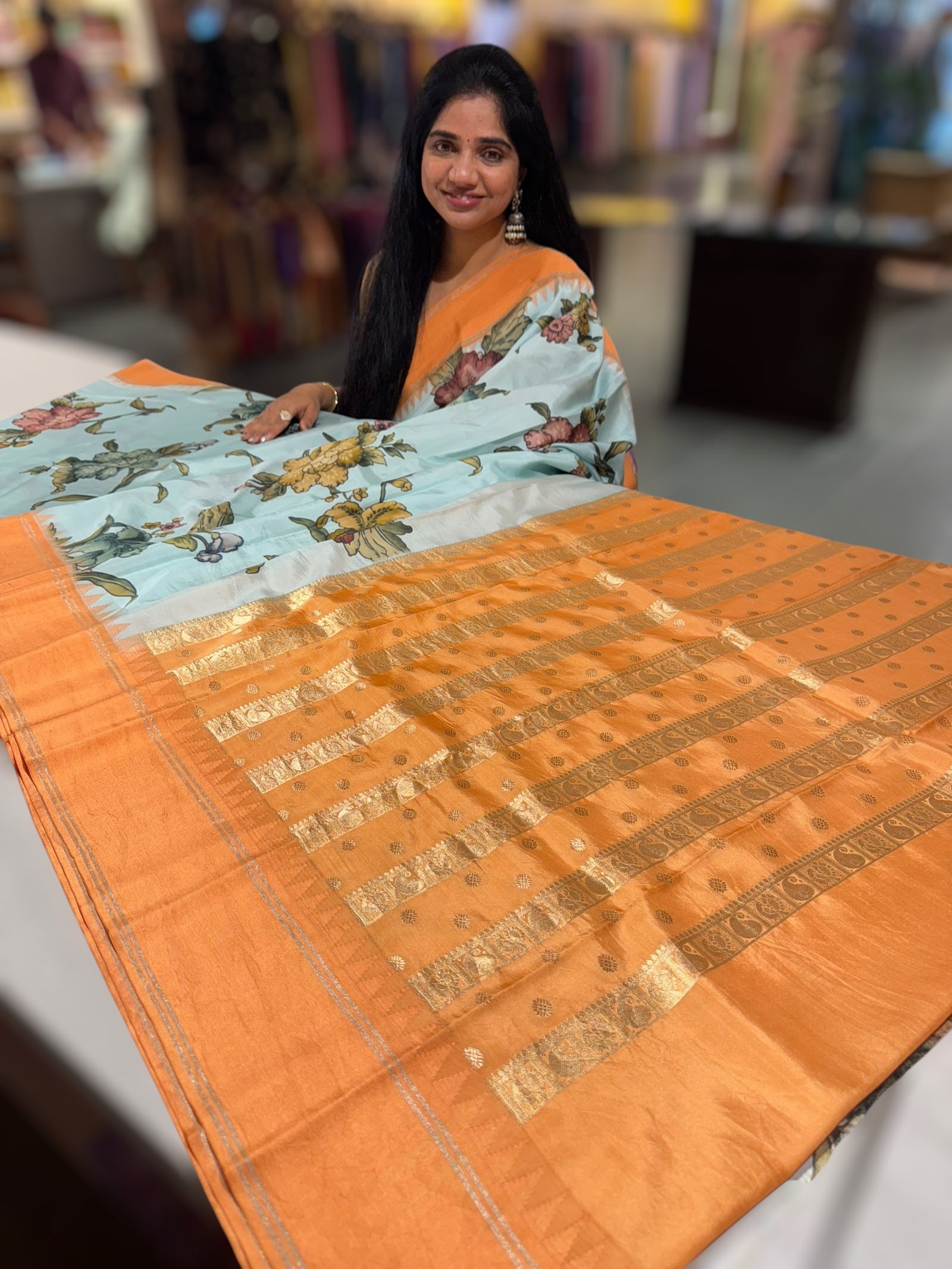 Powder Blue Kanjeevaram Designer print saree