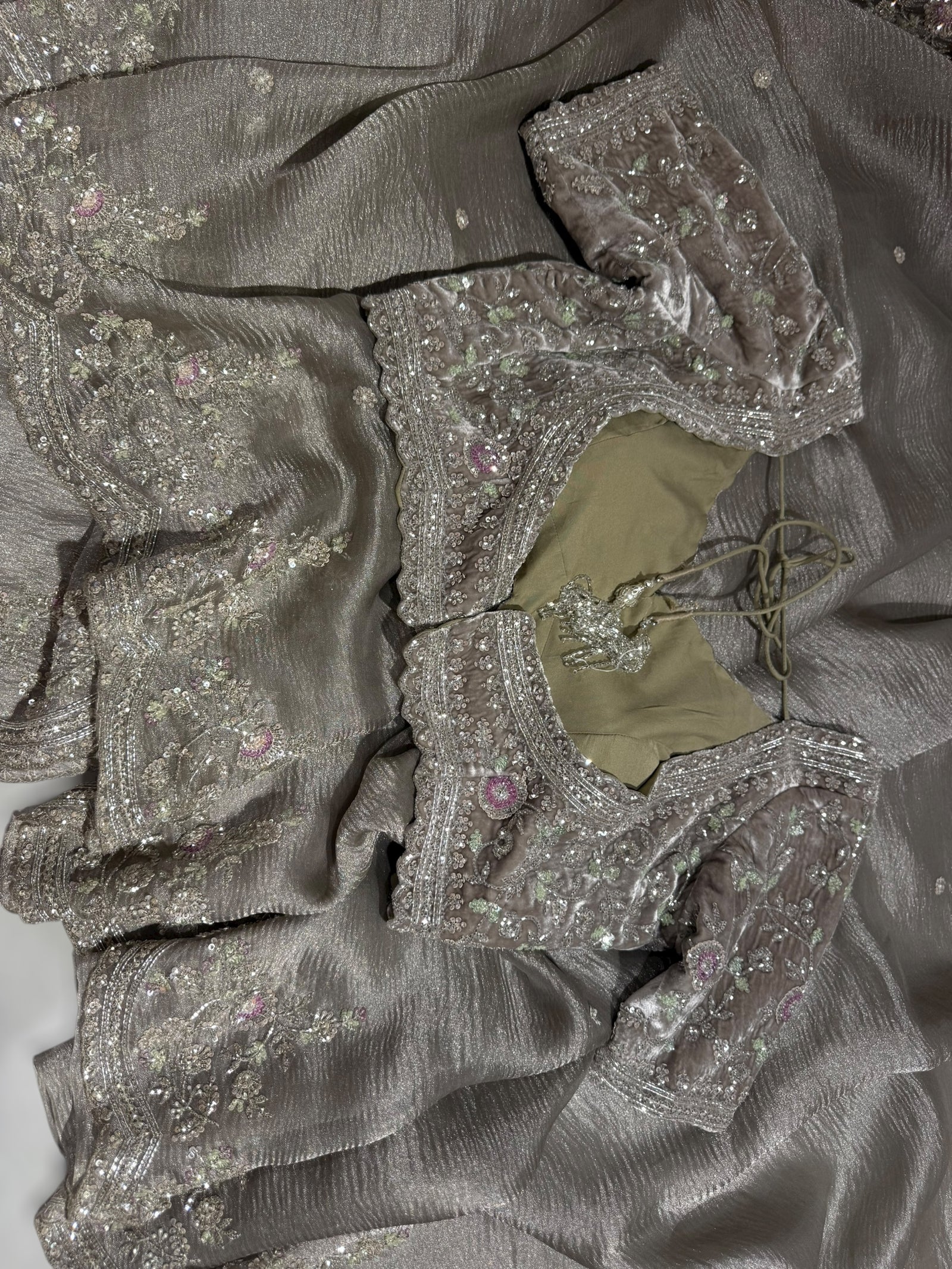 Greyish silver Crush Tissue handwork Saree