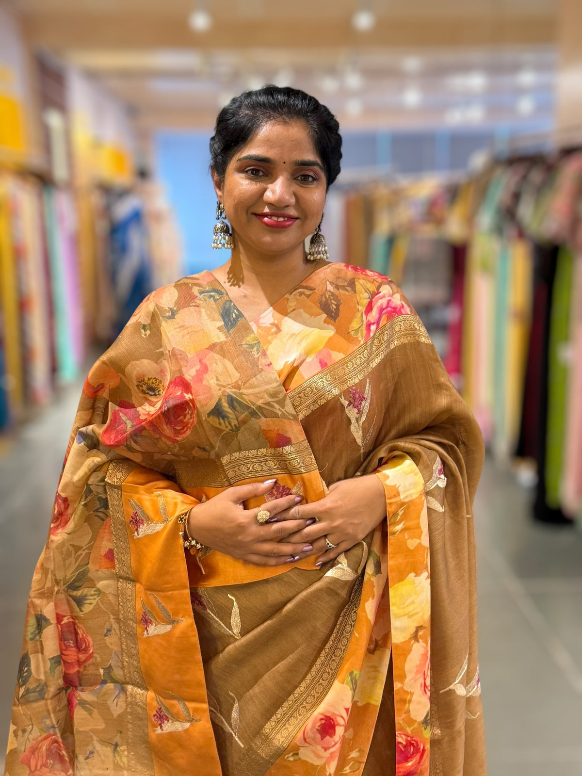 Light Brown Tussar Dhupion Saree with Floral printed mashru borders