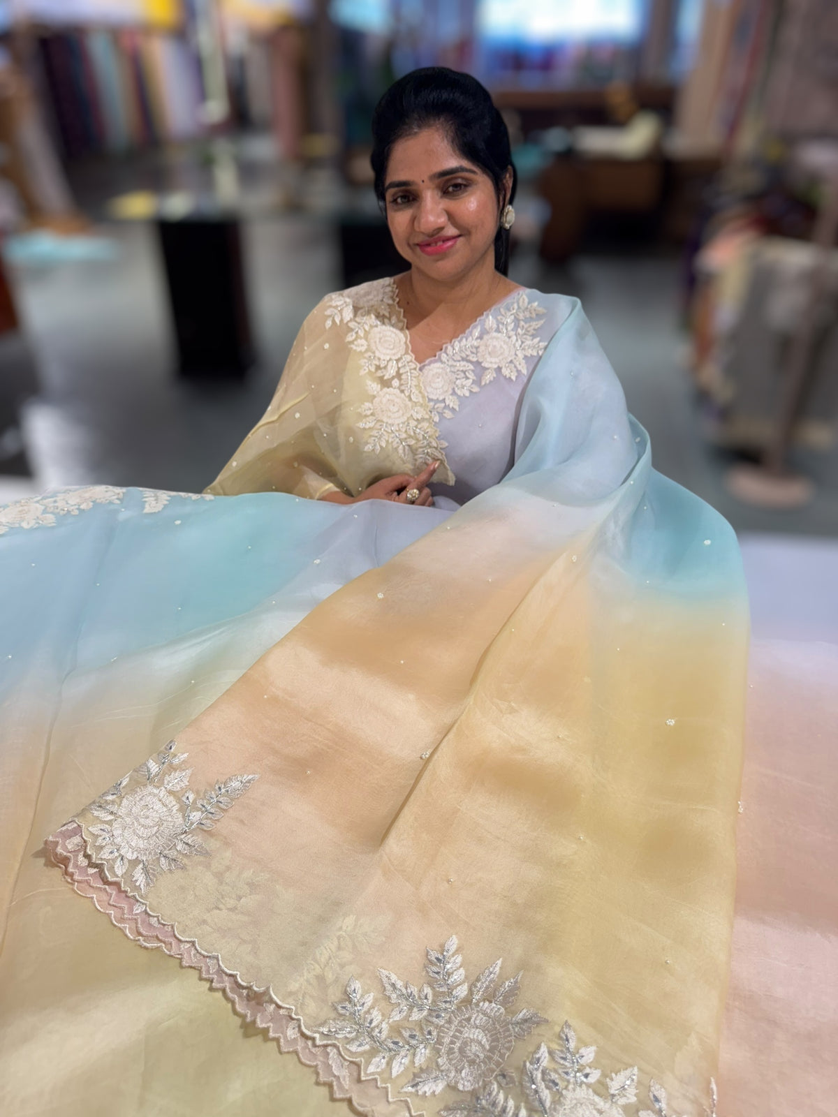 Ombre dyed Pure Organza Saree with parsi gara embroidery