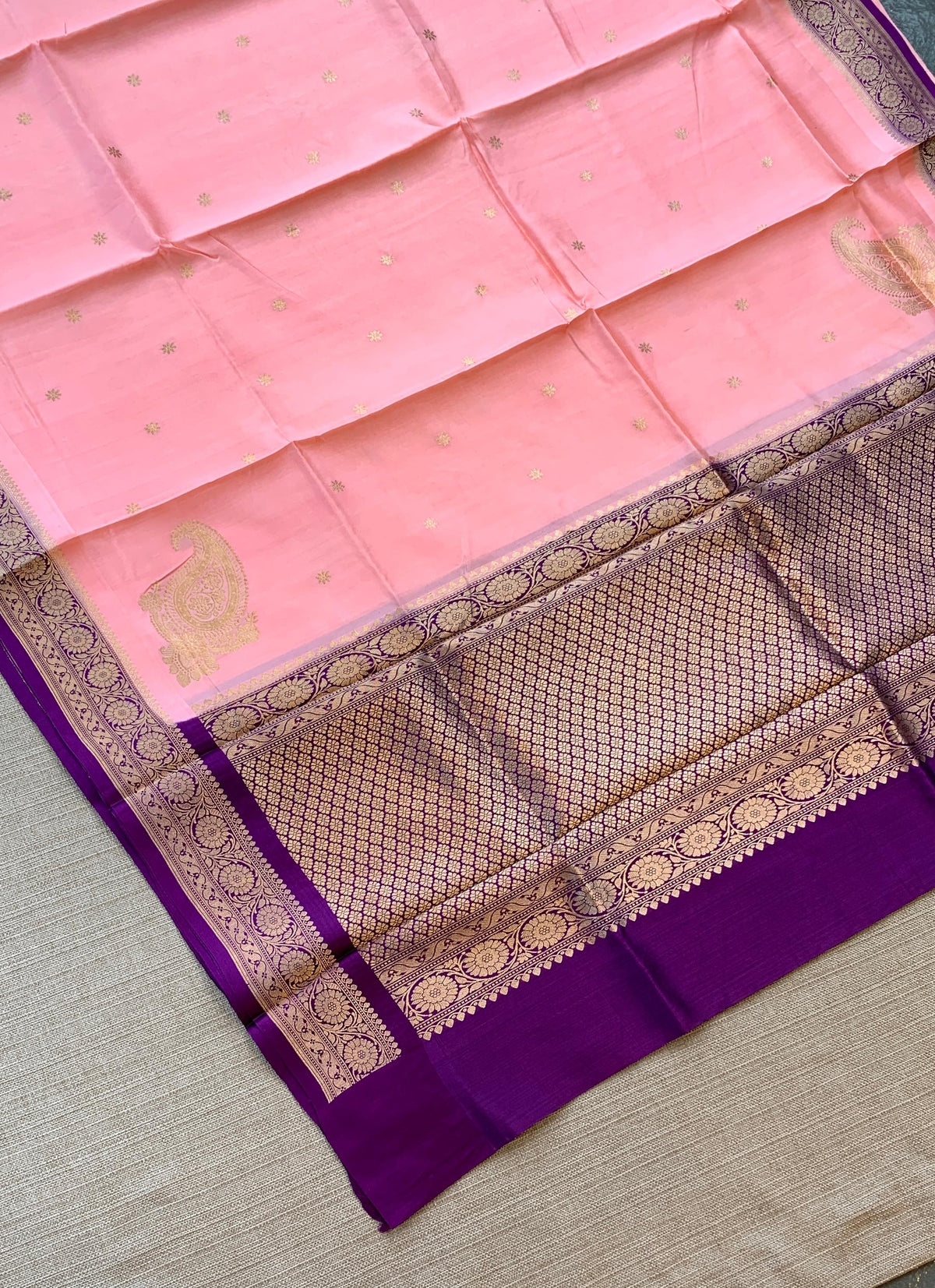 Peach Pink & Purple Combo Poona Silk Saree with heavy weaving mashru border & kaduwa woven motifs.
