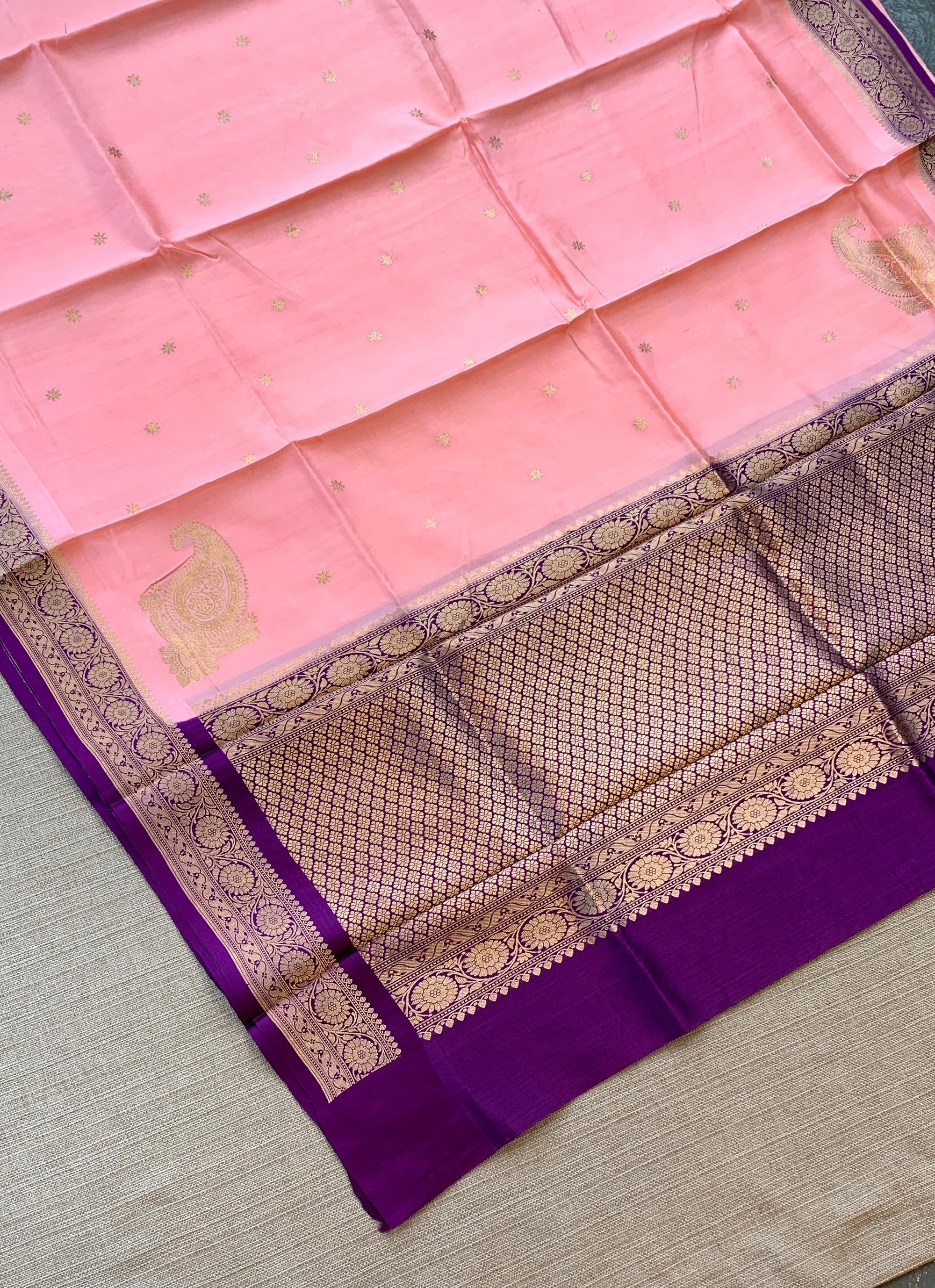 Peach Pink & Purple Combo Raw Mangoe Silk Saree with heavy weaving mashru border & kaduwa woven motifs.