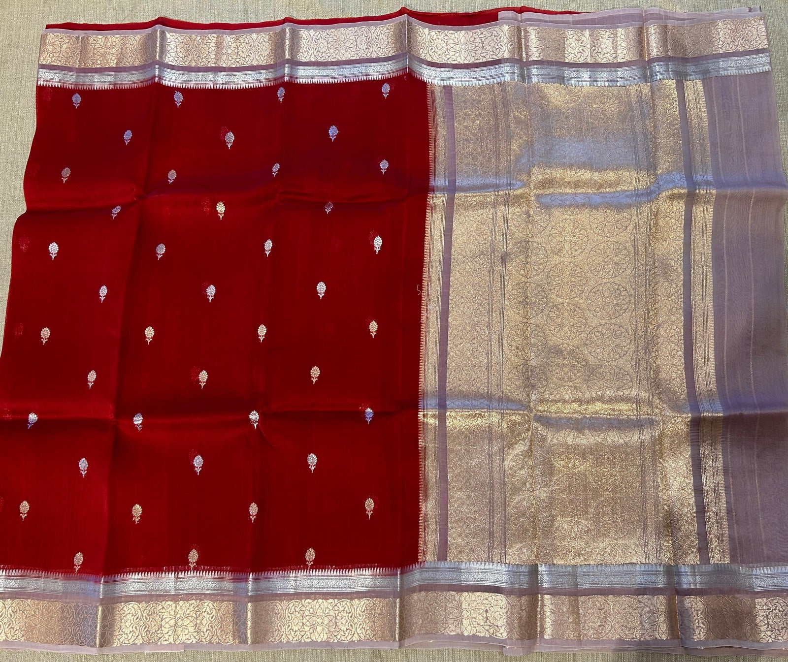Red and lilac Combo Pure Handloom premium Kora Banarasi Saree