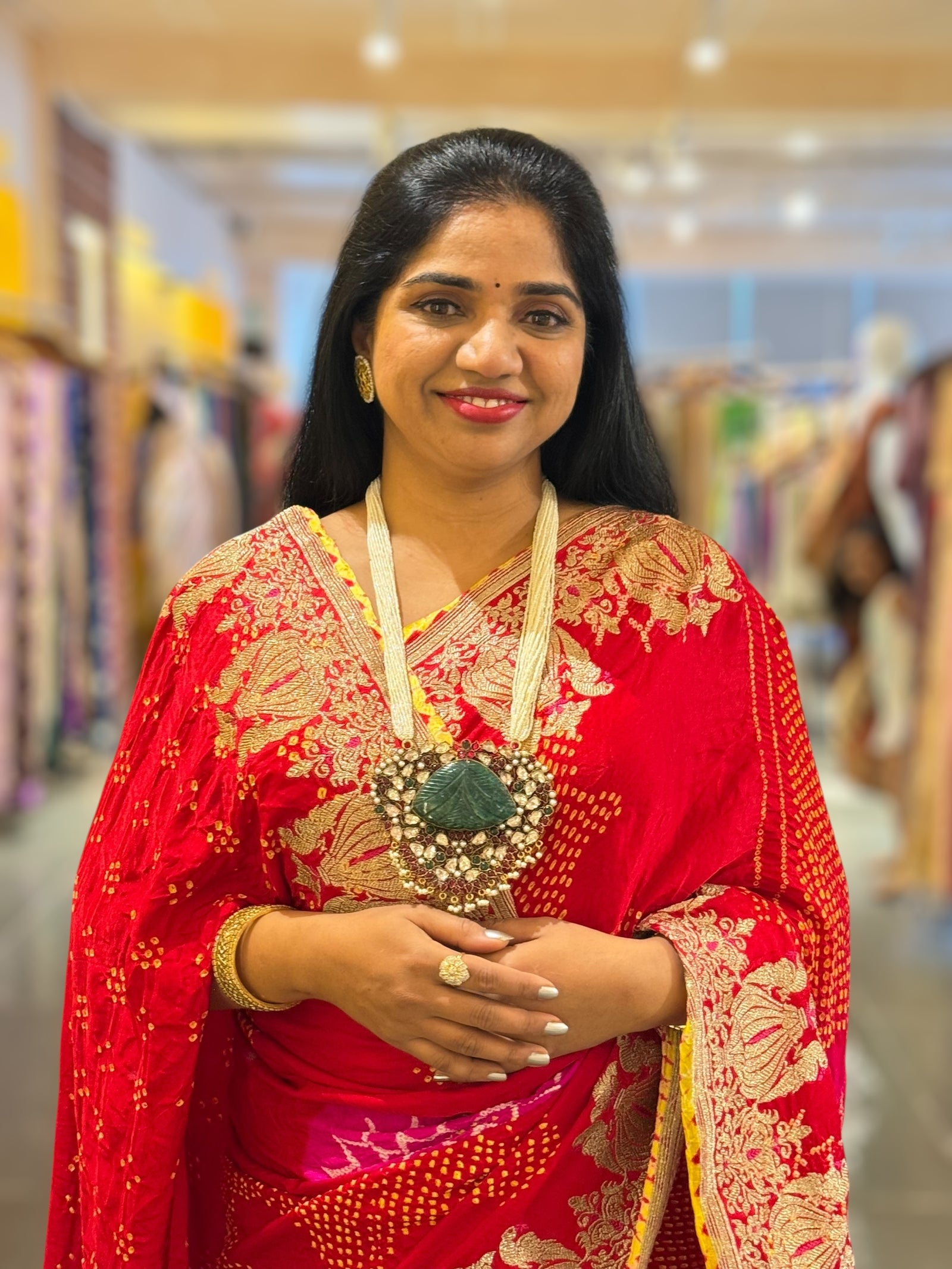 Red Rai bandhej Saree With Embroidered Border