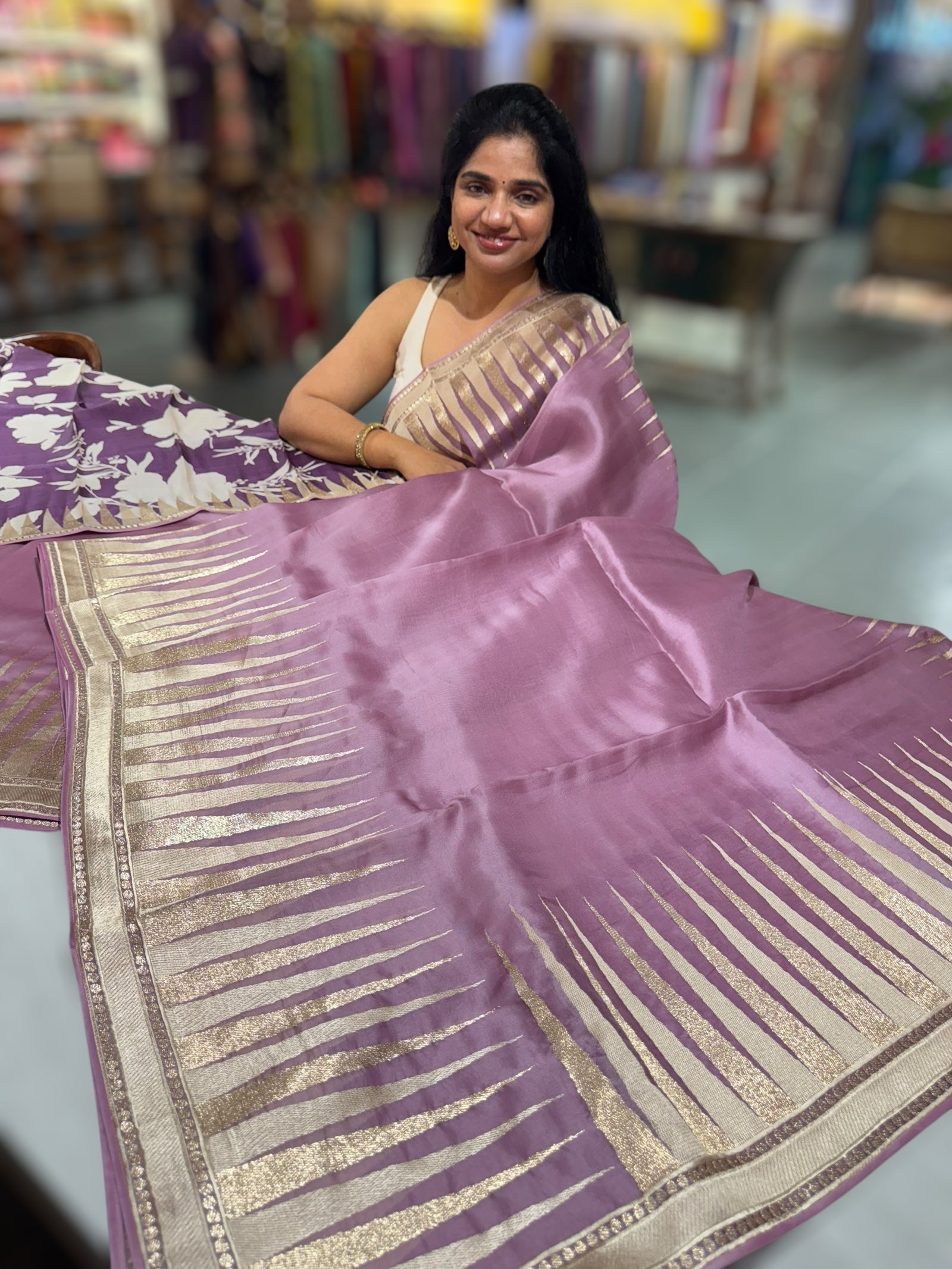 Mauve Pure Organza With Temple Embroidered Border & Tussar Printed Blouse