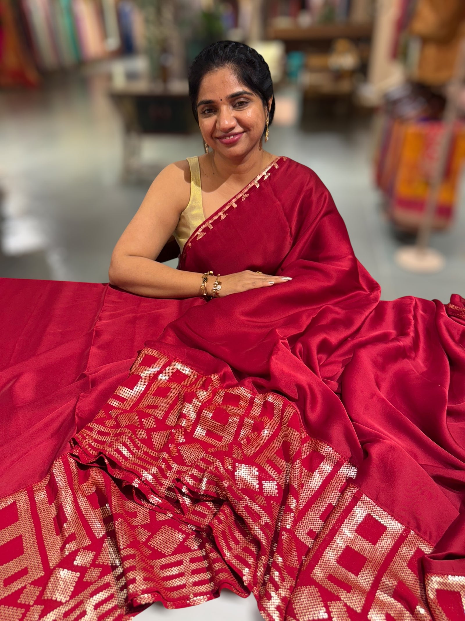 Meroonish Red pure Satin Saree with designer sequence border and blouse