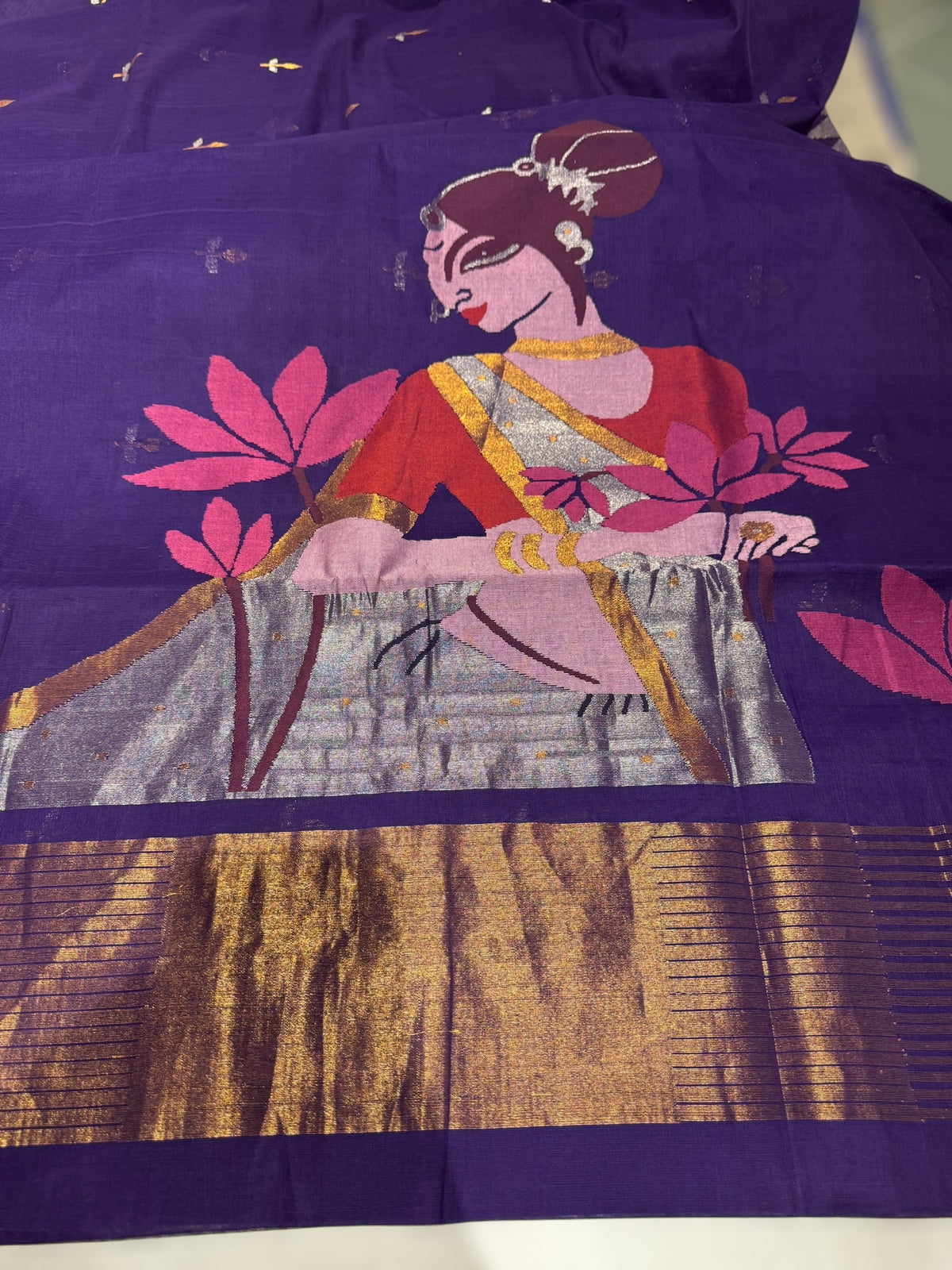 Violet Pure  handloom Ponduru Khadi jamdani Saree with designer pallu