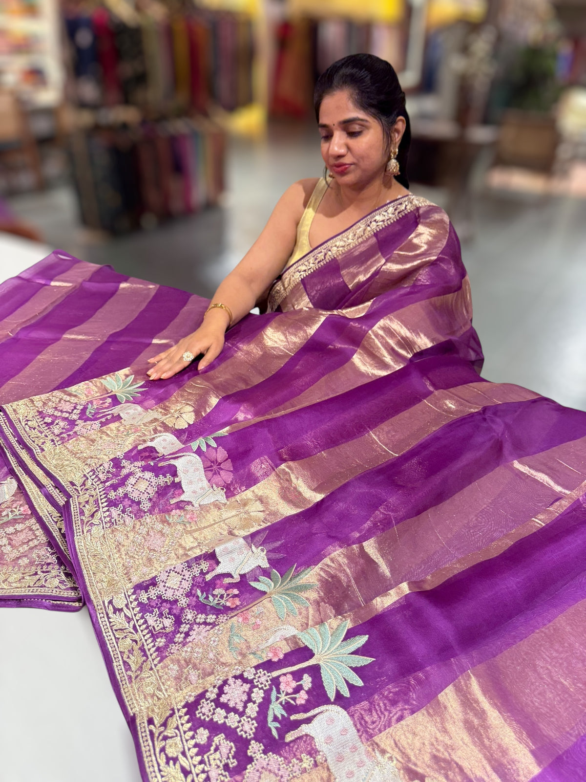 Purple Kora Tissue Stripes Saree With Jamdani  & Pichwai embroidered Border