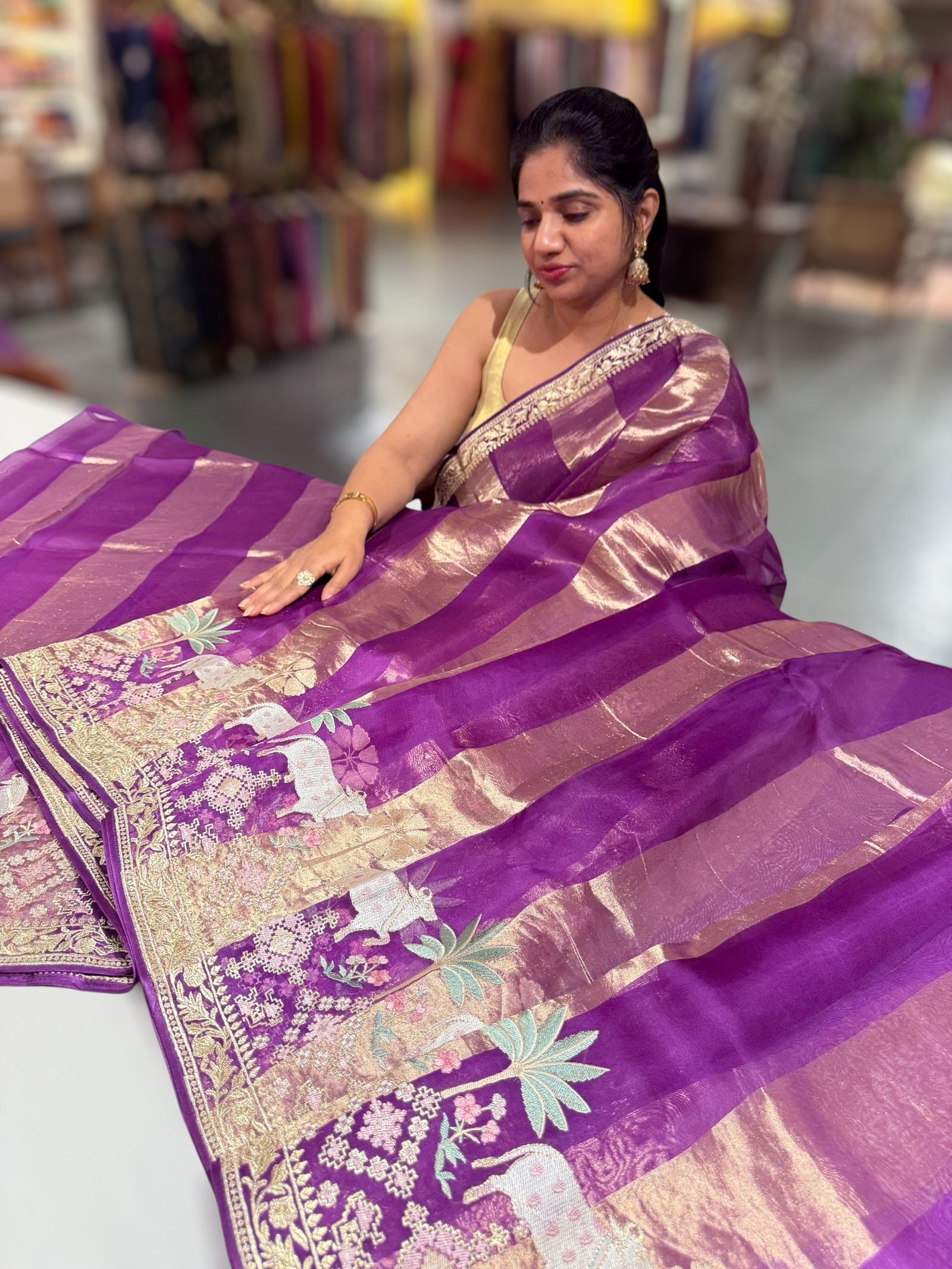 Purple Kora Tissue Stripes Saree With Jamdani  & Pichwai embroidered Border