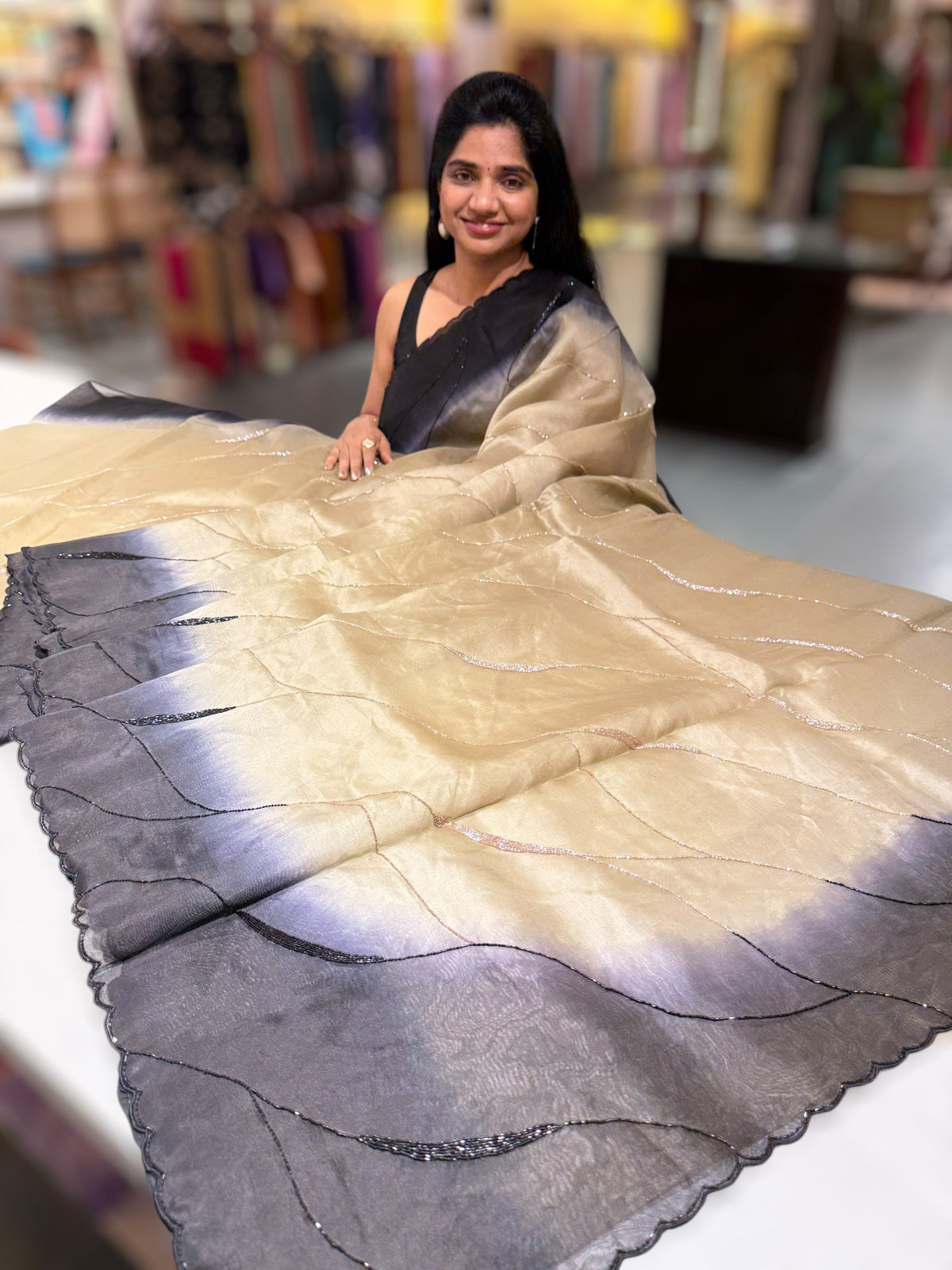 Chickoo &amp; Black Ombre Dyed Pure Organza handwork saree