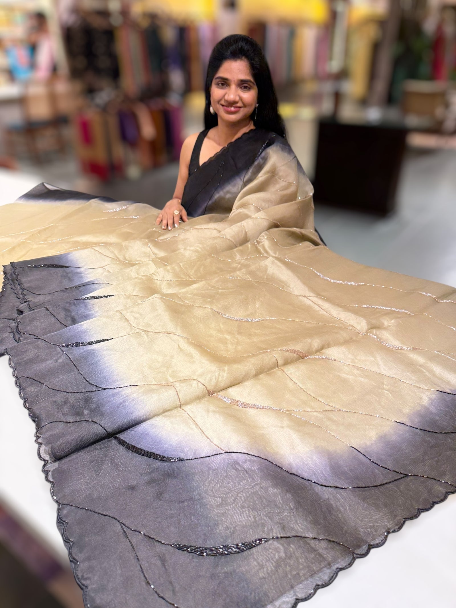 Chickoo & Black Ombre Dyed Pure Organza handwork saree
