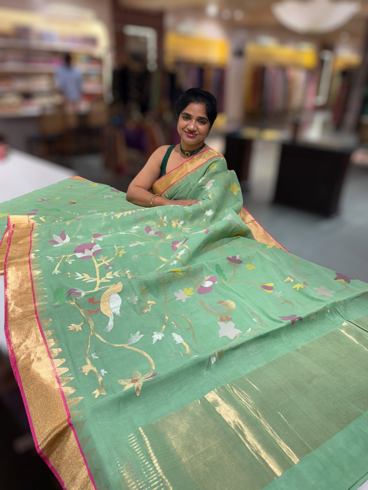 Light Apple Green Ponduru Khadi Jamdani Allover Meenkari Weaving Saree