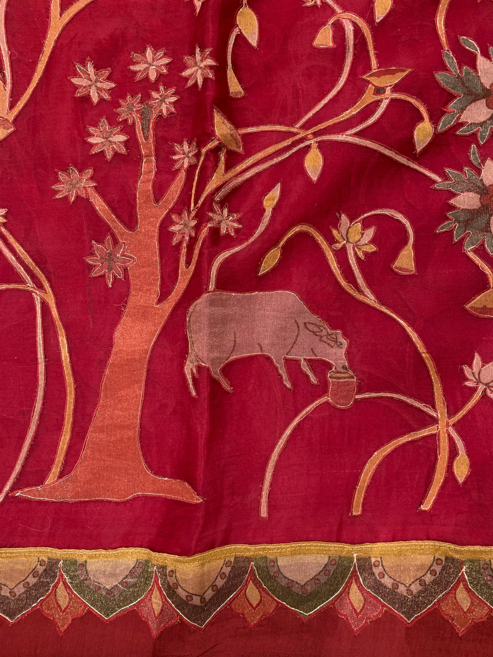 Dark Red Designer Organza Saree with Stunning Tissue Applique work Saree with Village theme