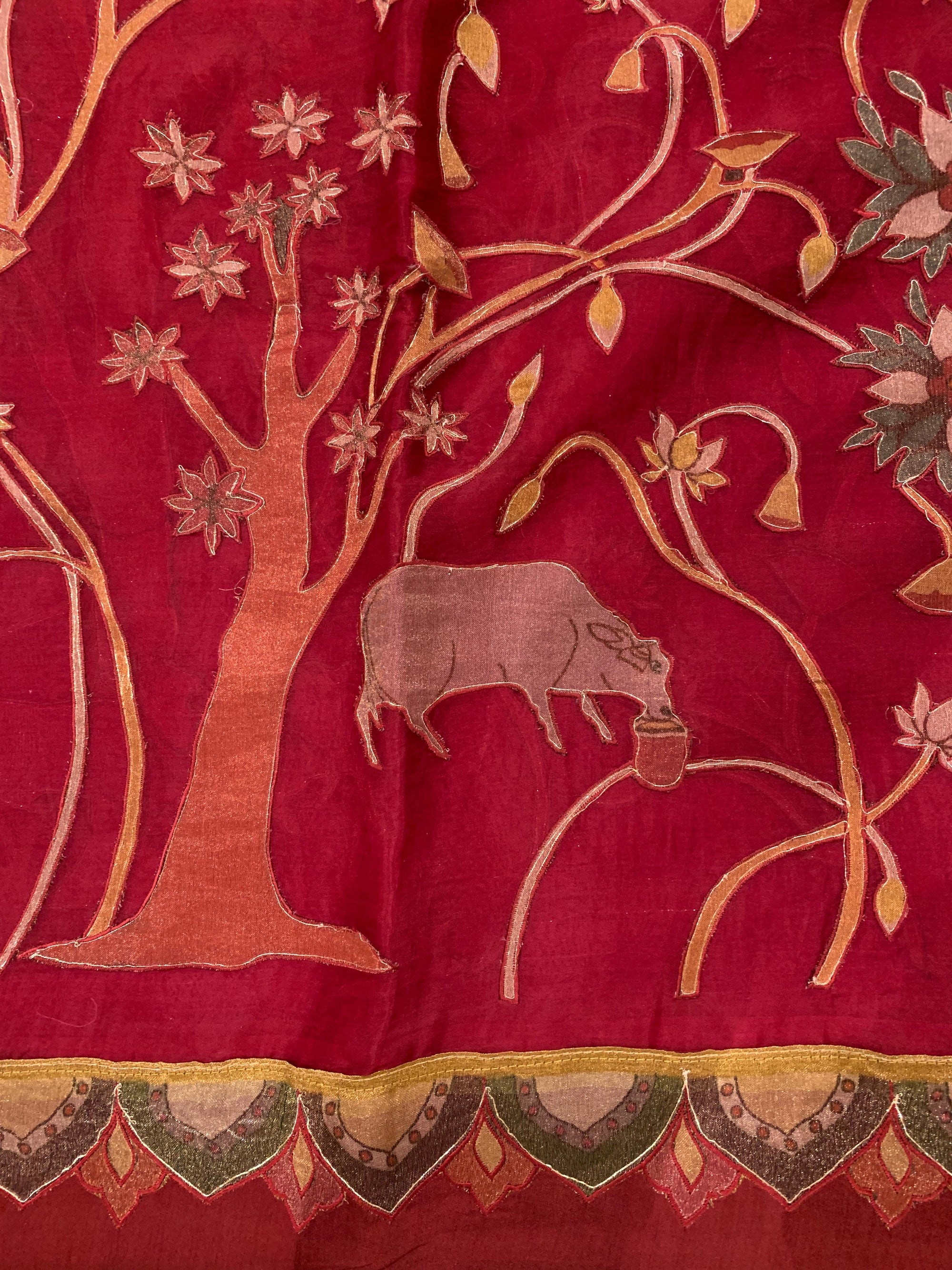 Dark Red Designer Organza Saree with Stunning Tissue Applique work Saree with Village theme