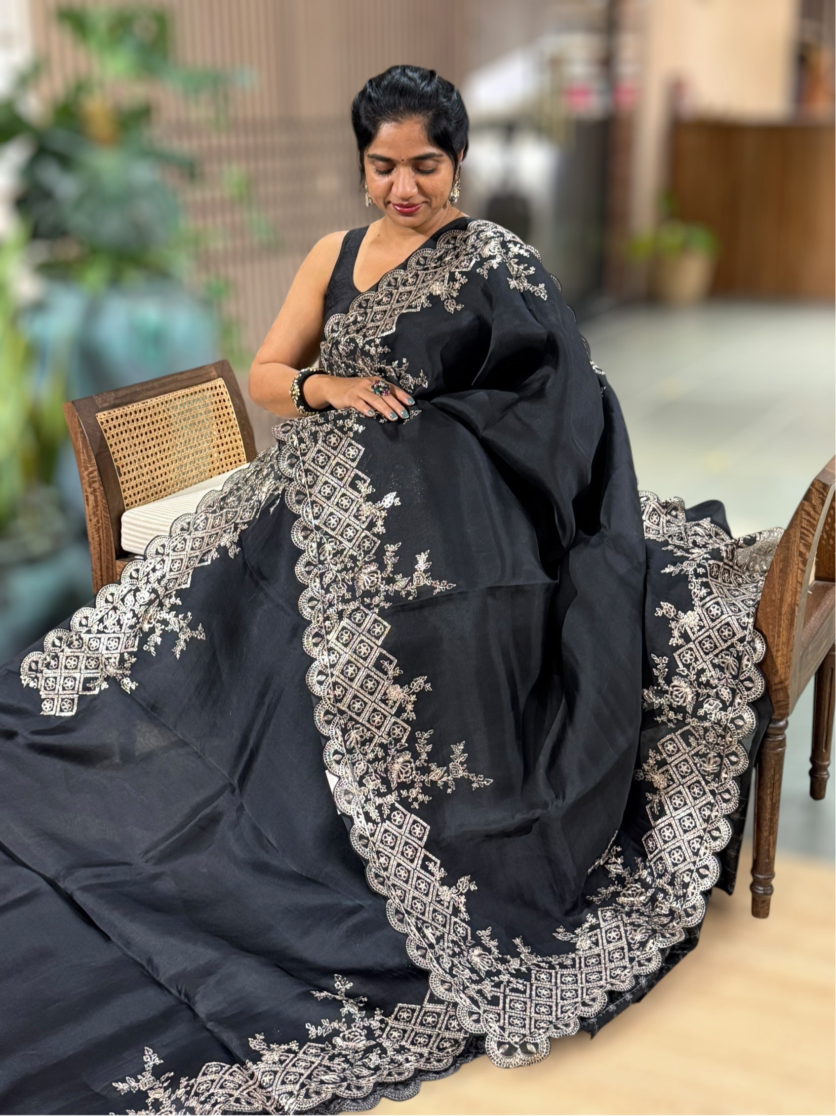 Black Organza Saree With Pita Embroidery