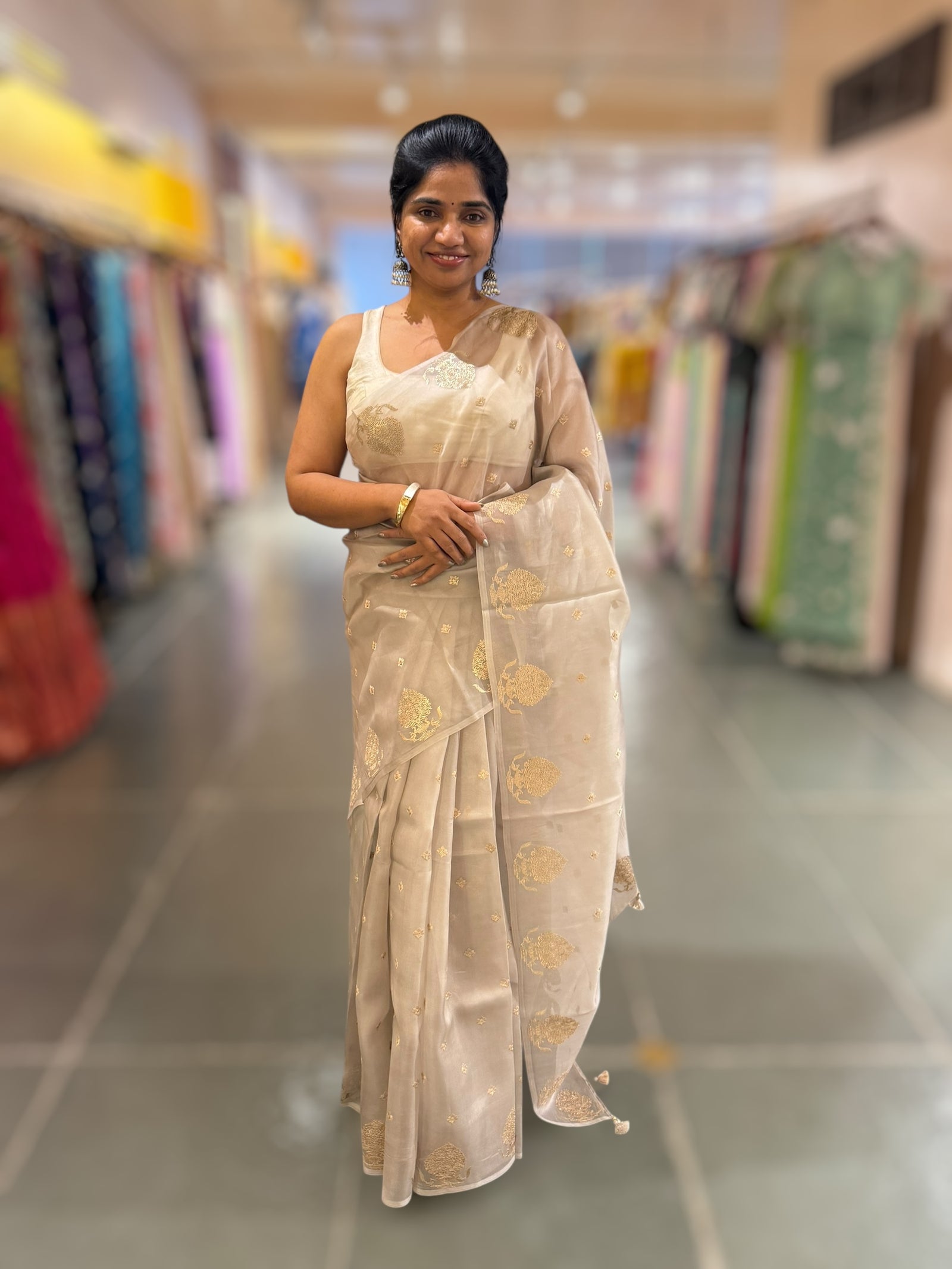 Silverish Tone Pure Organza Saree With Embroidered Motifs & Tussar Printed Blouse