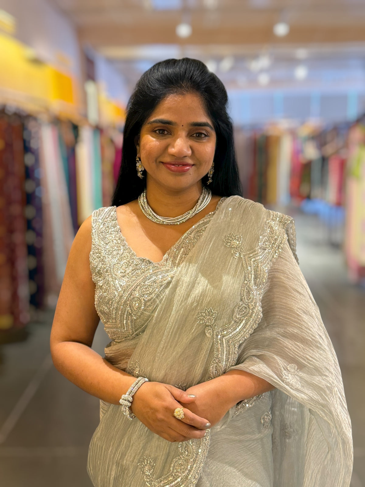 Pastel Bluish silver Crush Tissue handwork Saree