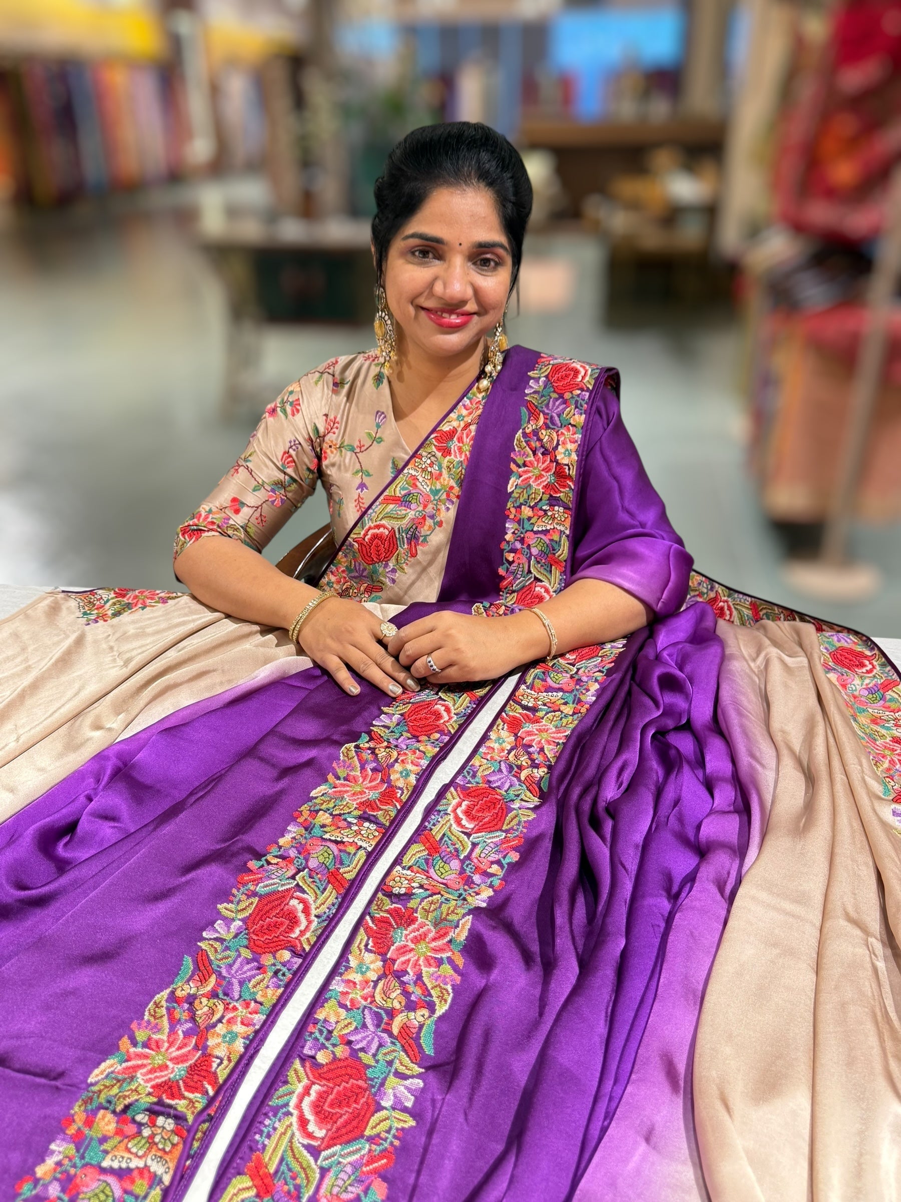 Pure Satin Ombre Dyed Saree with Petite Point Embroidered Border and blouse.