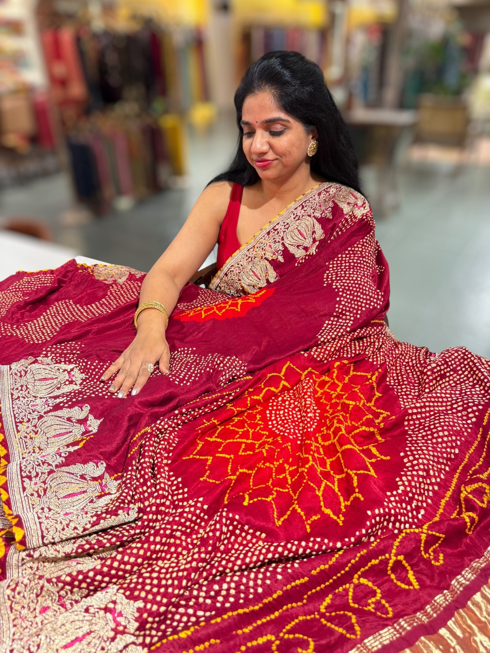 Burgundy Designer Rai Bandhej Saree With Embroidered Border