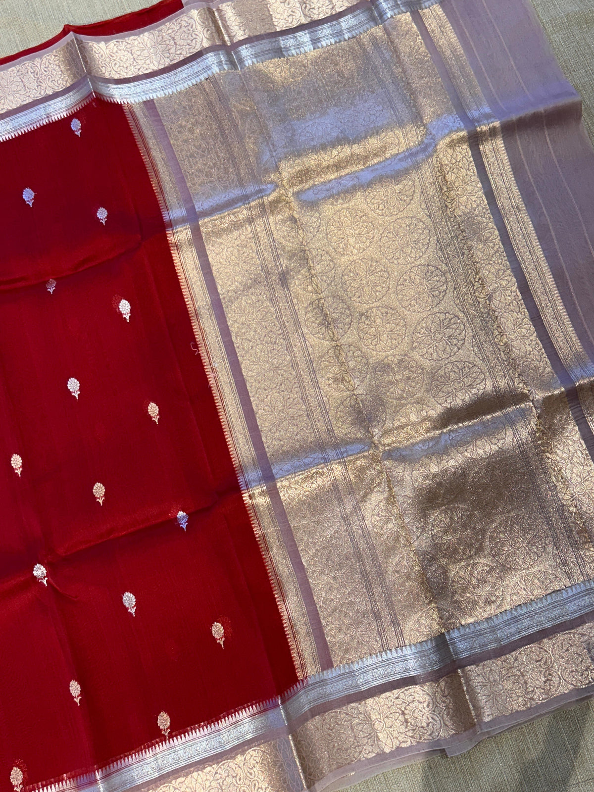 Red and lilac Combo Pure Handloom premium Kora Banarasi Saree