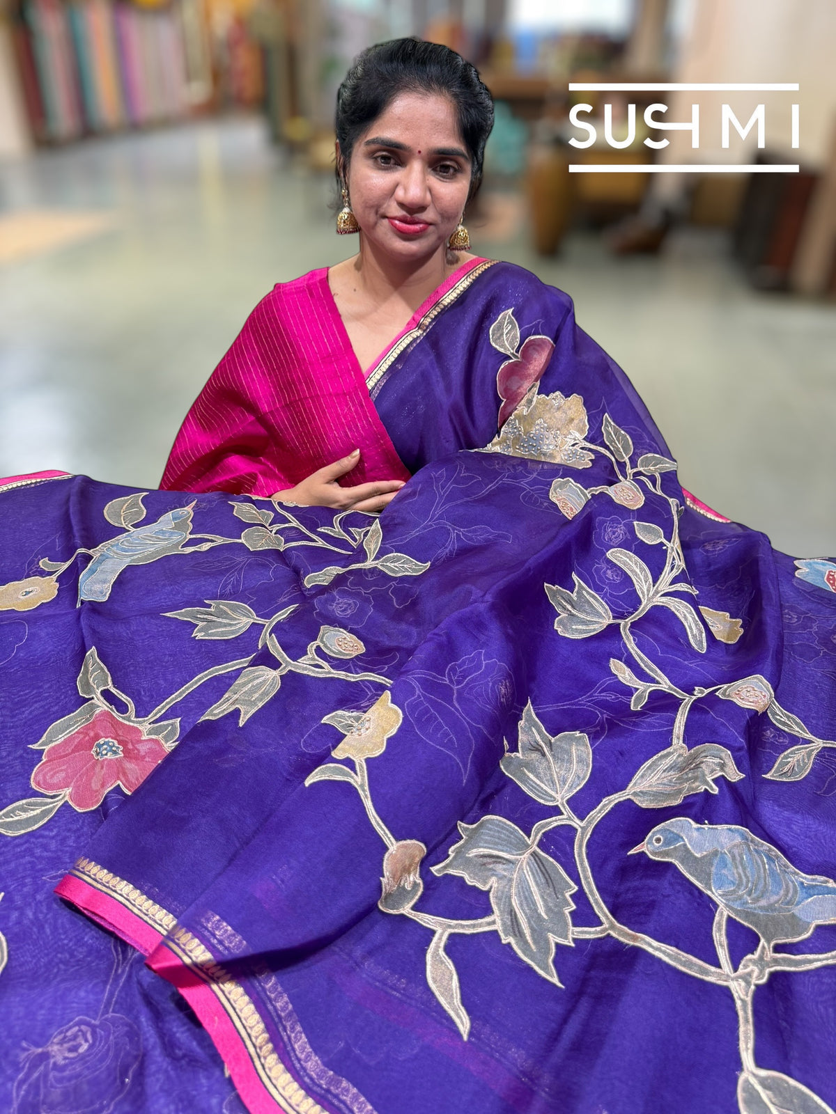 Purple Designer Organza with Tissue applique work : S62F096