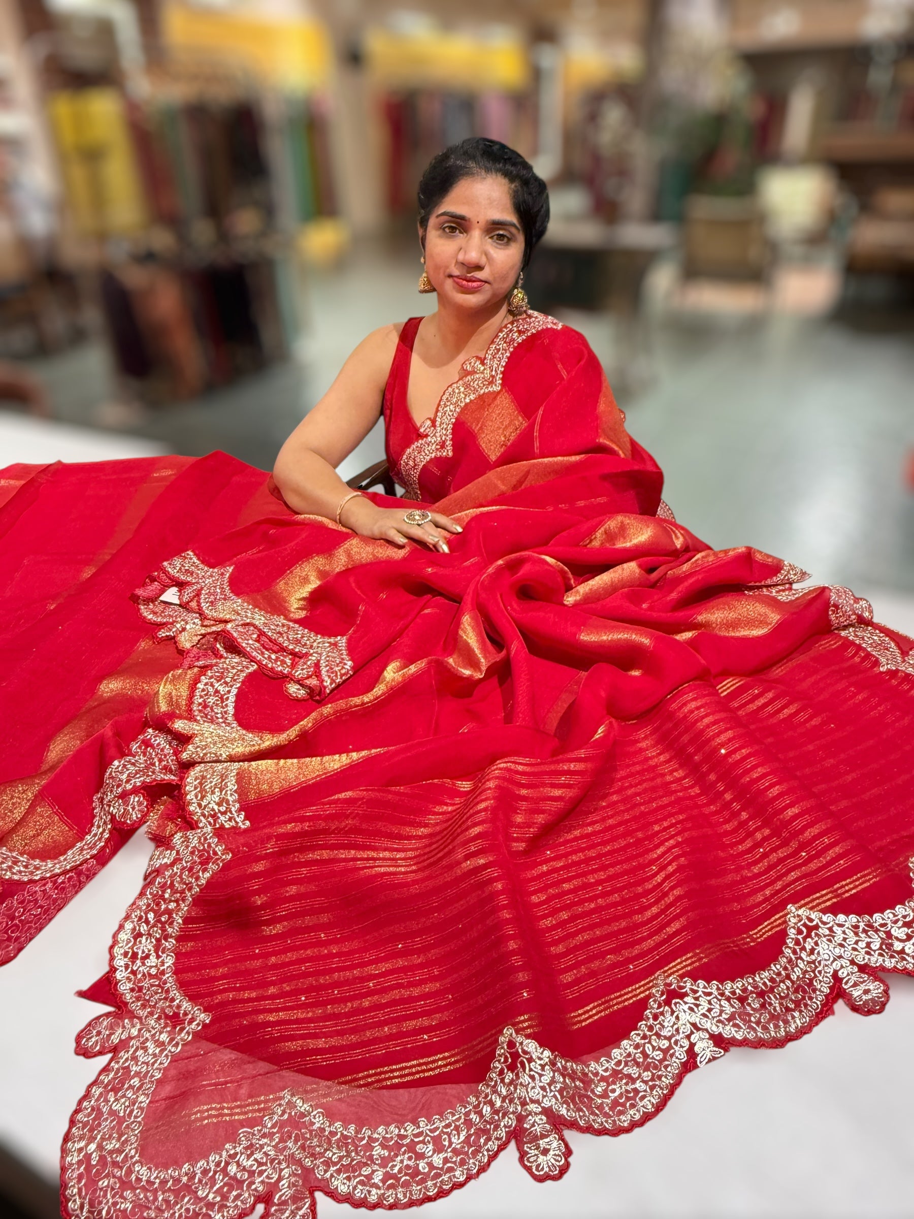 Red Organza and Tissue stripes Saree with Pita Embroidery